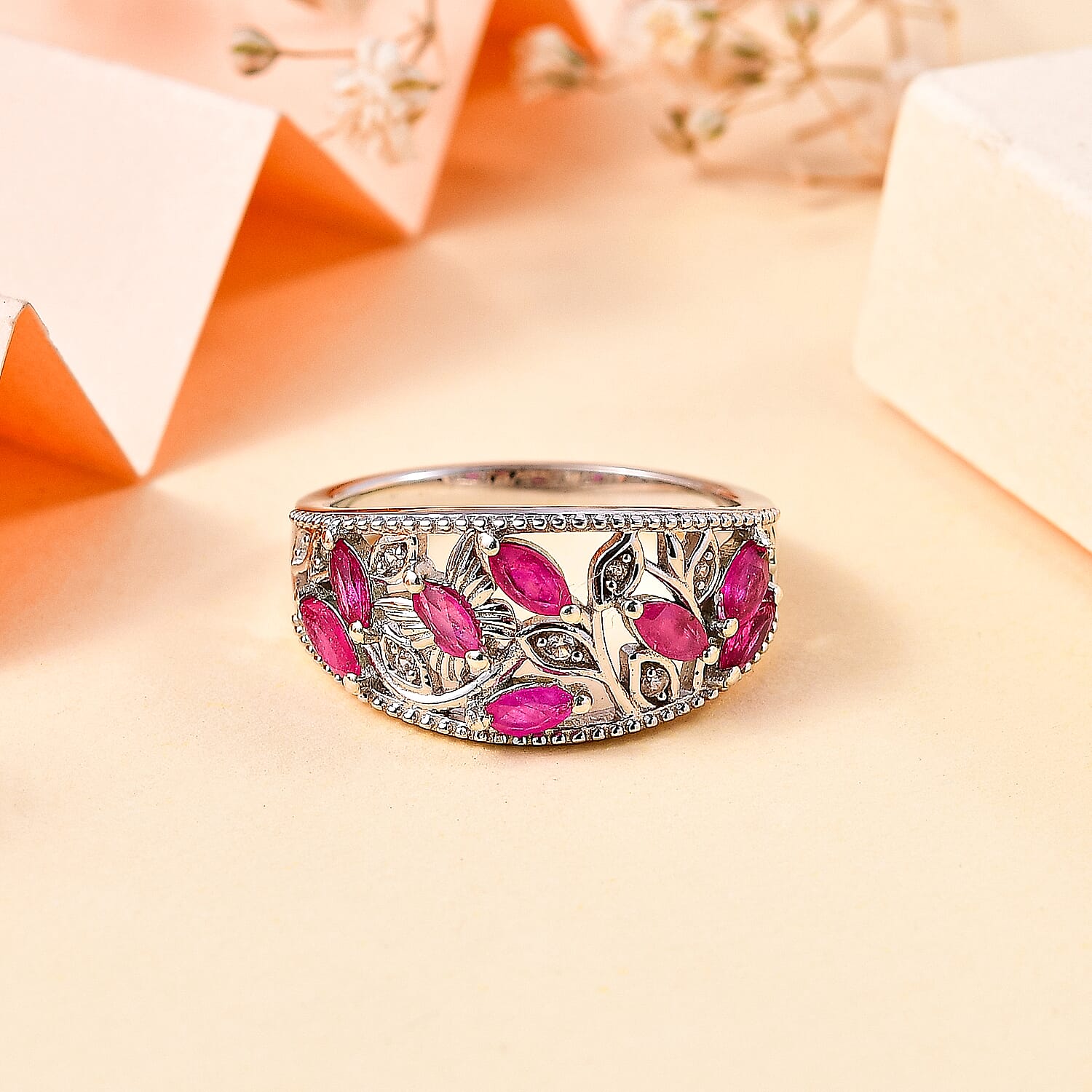 Ruby & Natural Zircon Leaf Ring in Rhodium Sterling Silver