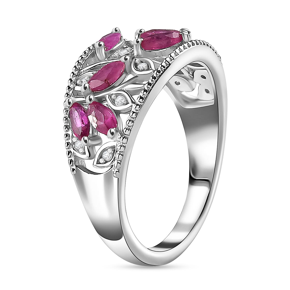 Ruby & Natural Zircon Leaf Ring in Rhodium Sterling Silver