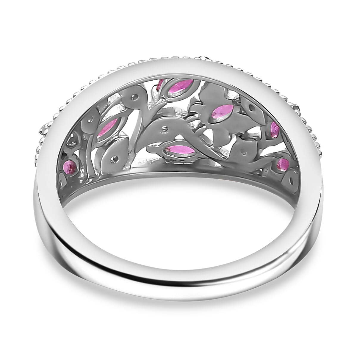 Ruby & Natural Zircon Leaf Ring in Rhodium Sterling Silver