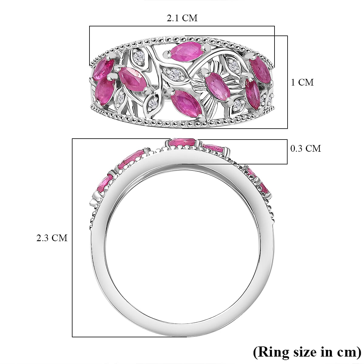 Ruby & Natural Zircon Leaf Ring in Rhodium Sterling Silver