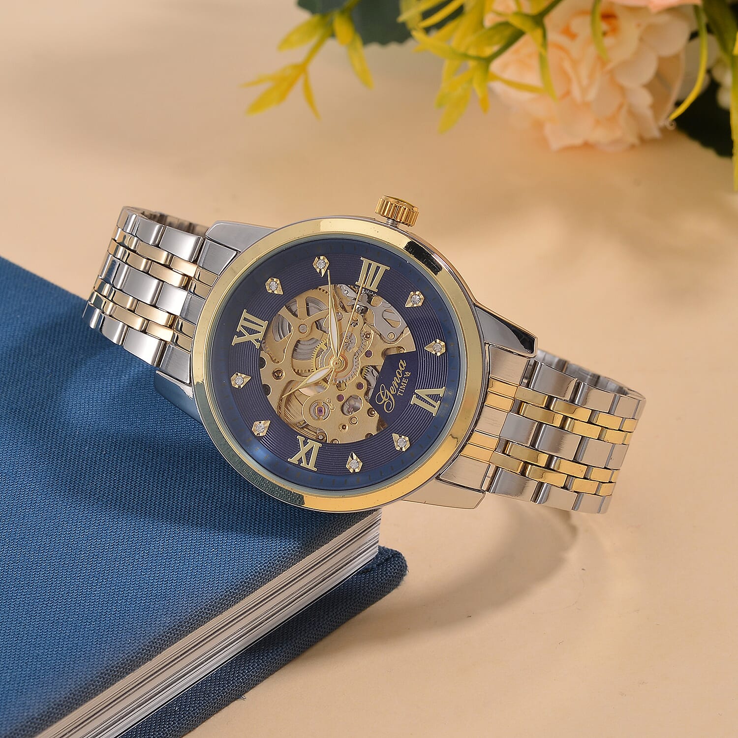 Limited Edition - Genoa Time Automatic Movt, Skeleton Dial Crystal Studded Watch with 3ATM Water Resistancy Presented in a Gift Box - Blue