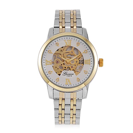 GENOA Automatic Movt. 3ATM WR White Dial Crystal Studded Watch with Stainless Steel Chain Strap in Dual Tone