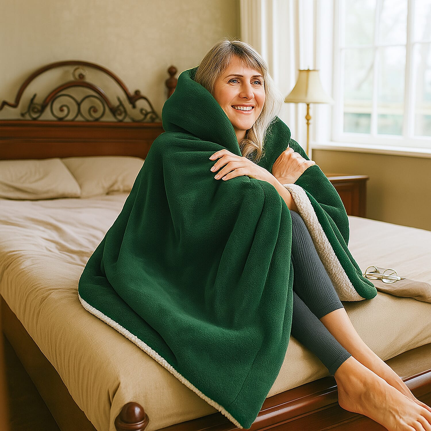 Electric Heated Double Layer Sherpa Blanket With 9 Heat Levels, Machine Washable and Timer (200x150 cm) - Green