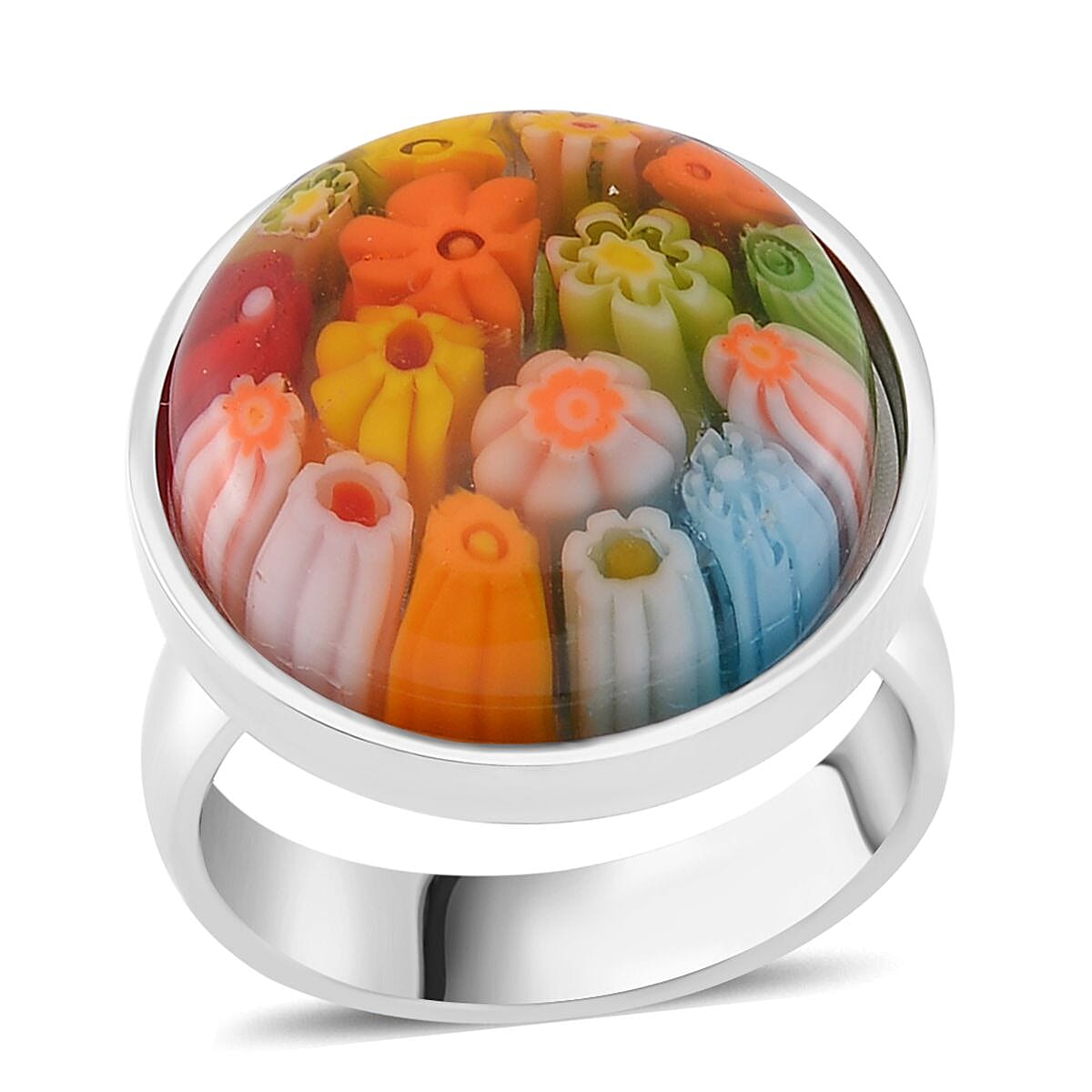 Multi Colour Murano Style Glass Ring in Pure White Stainless Steel