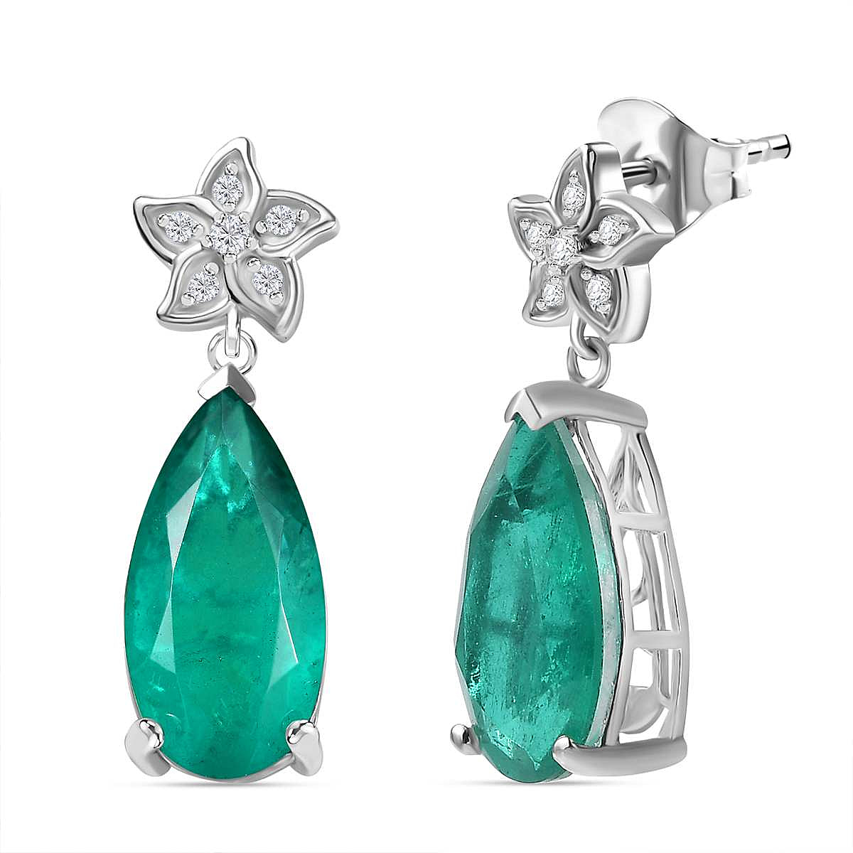 Emeraldine Triplet Quartz, White Zircon Dangling Earrings in Rhodium Plated Sterling Silver