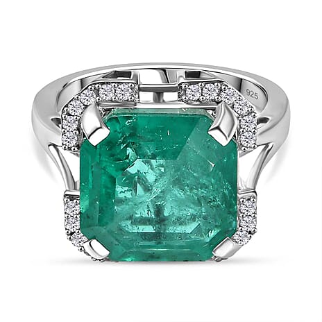 Emeraldine Triplet Quartz & Natural Zircon Ring in Rhodium Overlay Sterling Silver 8.60 Ct