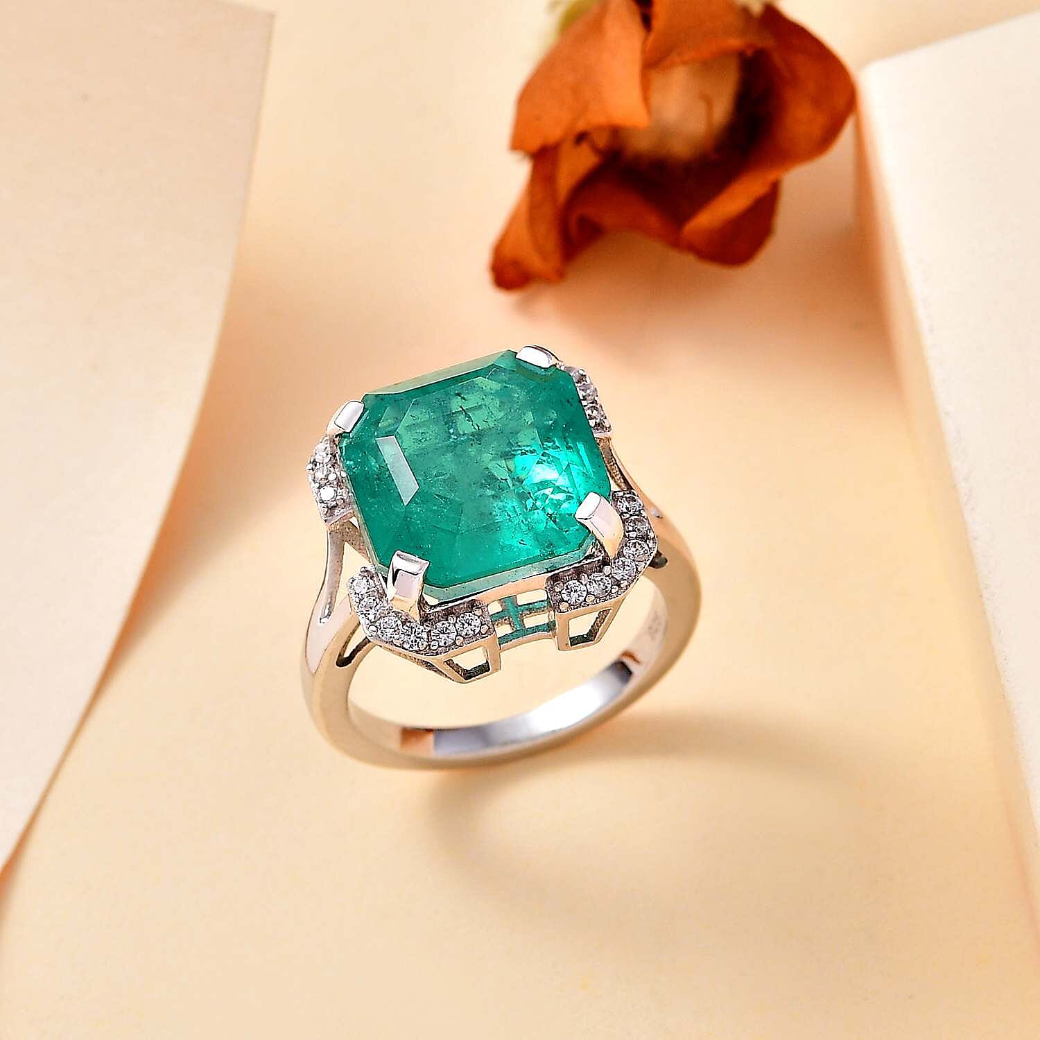 Emeraldine Triplet Quartz & Natural Zircon Ring in Rhodium Overlay Sterling Silver 8.60 Ct