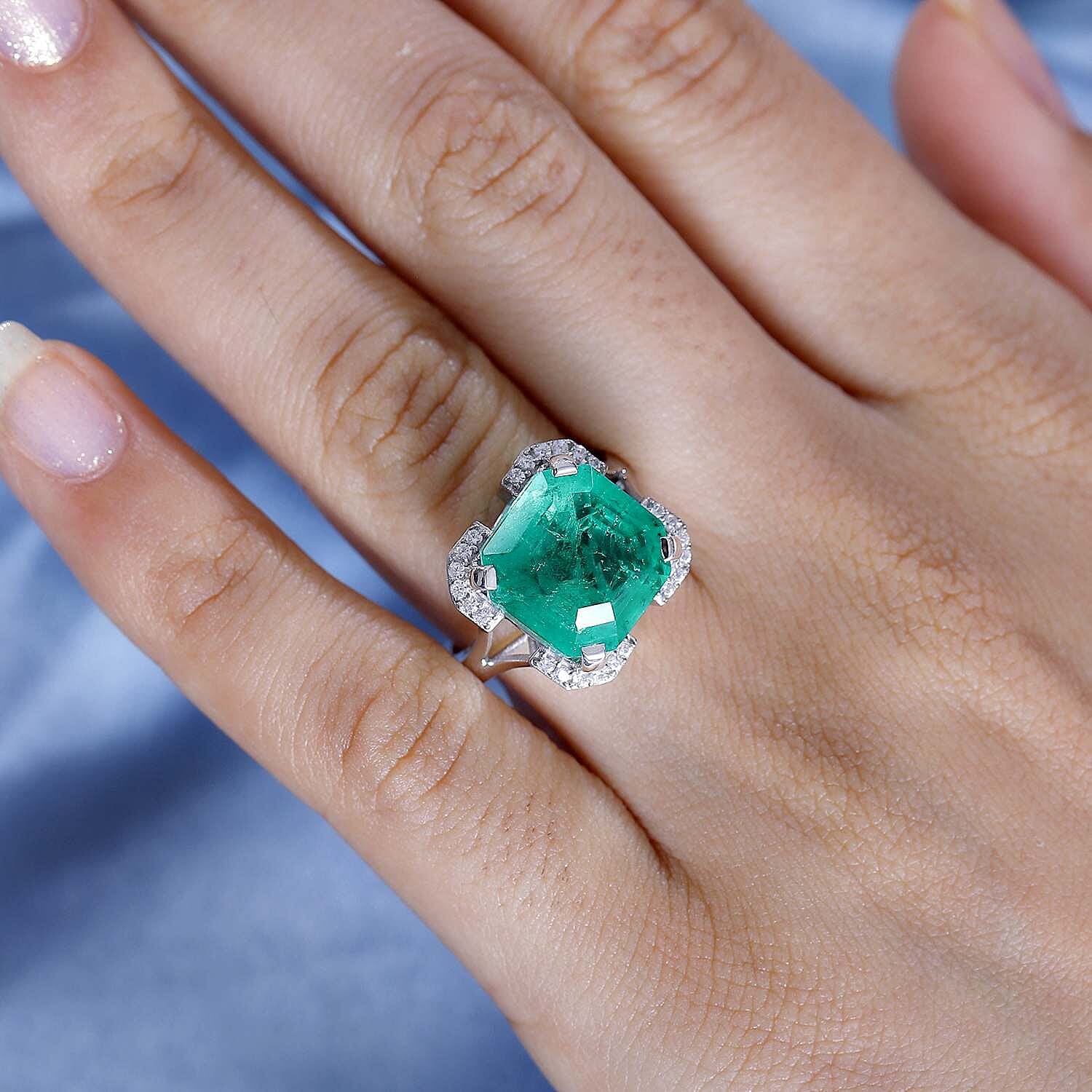 Emeraldine Triplet Quartz & Natural Zircon Ring in Rhodium Overlay Sterling Silver 8.60 Ct