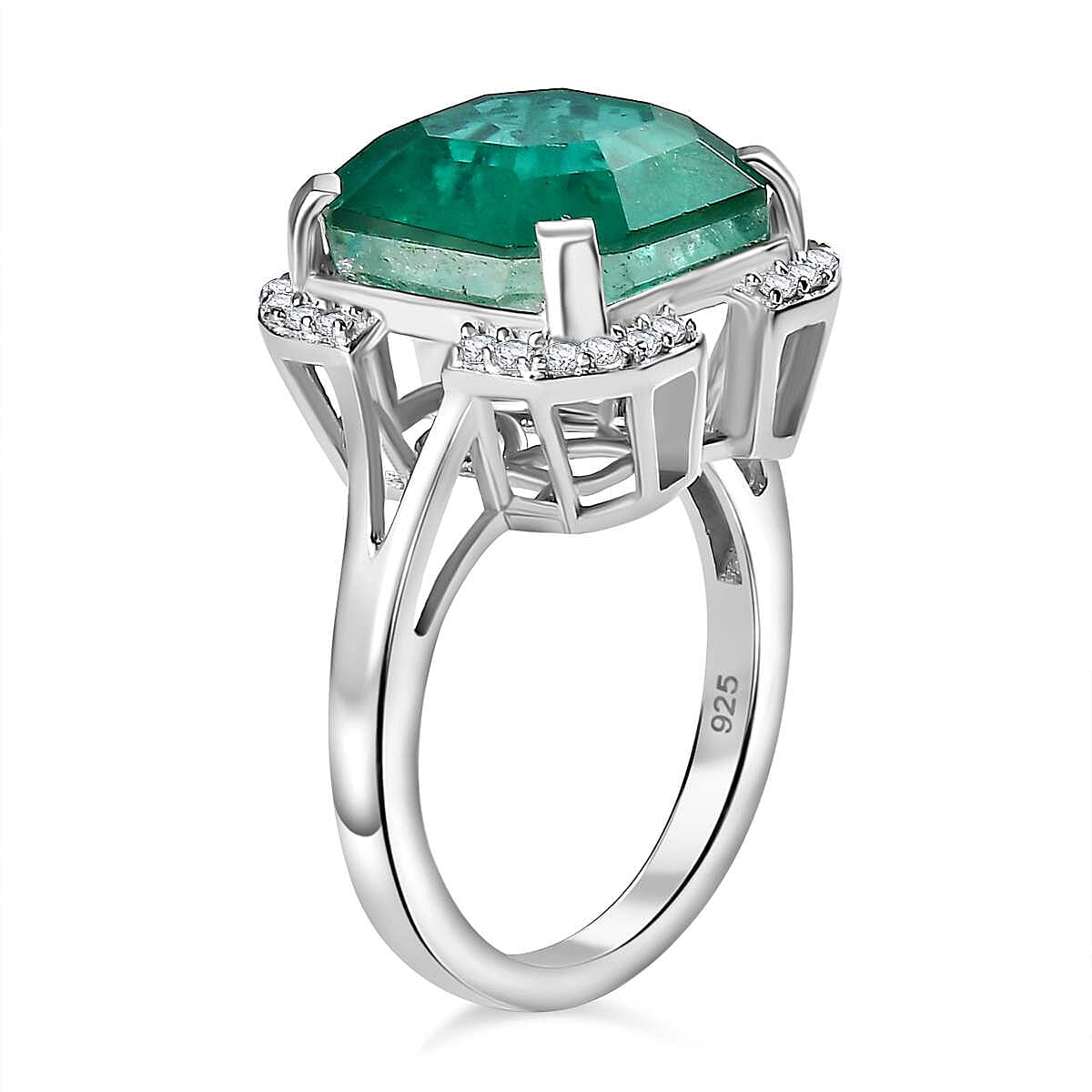 Emeraldine Triplet Quartz & Natural Zircon Ring in Rhodium Overlay Sterling Silver 8.60 Ct