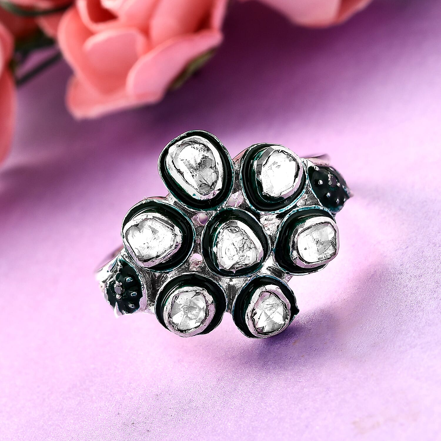 GP Italian Garden Collection - Polki Diamnond and Green Diamond Ring in Platinum Overlay Sterling Silver 0.36 Ct, Silver Wt. 5.20 Gms