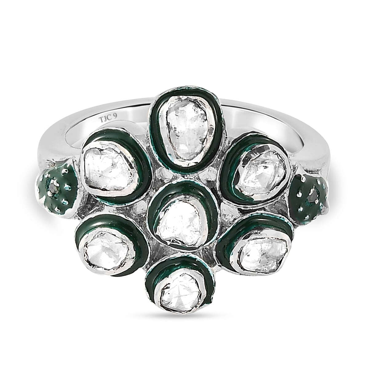 GP Italian Garden Collection - Polki Diamnond and Green Diamond Ring in Platinum Overlay Sterling Silver 0.36 Ct, Silver Wt. 5.20 Gms