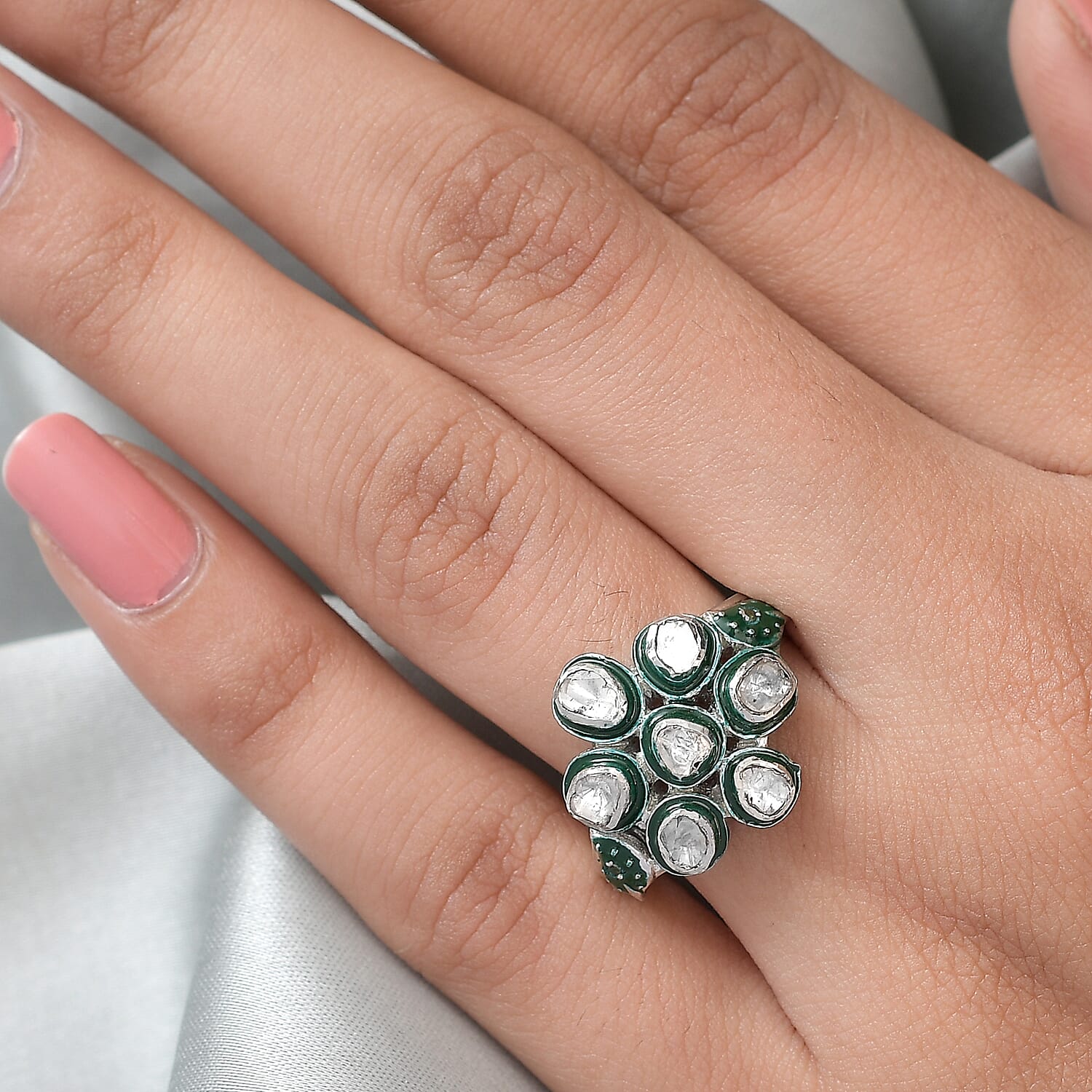 GP Italian Garden Collection - Polki Diamnond and Green Diamond Ring in Platinum Overlay Sterling Silver 0.36 Ct, Silver Wt. 5.20 Gms