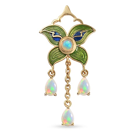 Ethiopian Welo Opal Enamelled Floral Pendant in 14K Gold Overlay Sterling Silver 1.01 Ct.