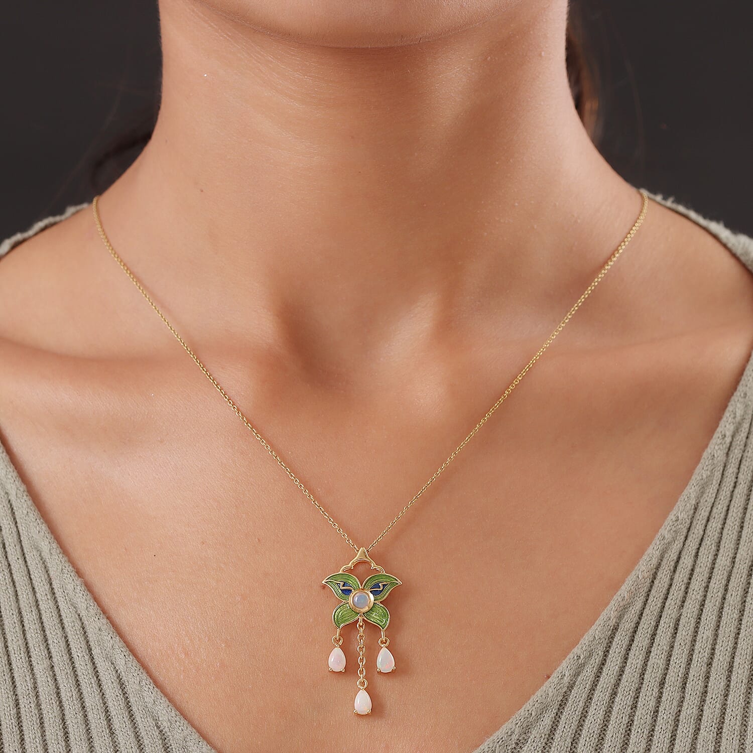 Ethiopian Welo Opal Enamelled Floral Pendant in 14K Gold Overlay Sterling Silver 1.01 Ct.