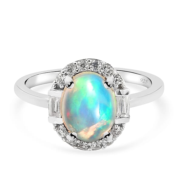 Ethiopian Welo Opal and Natural Cambodian Zircon Ring in Platinum ...