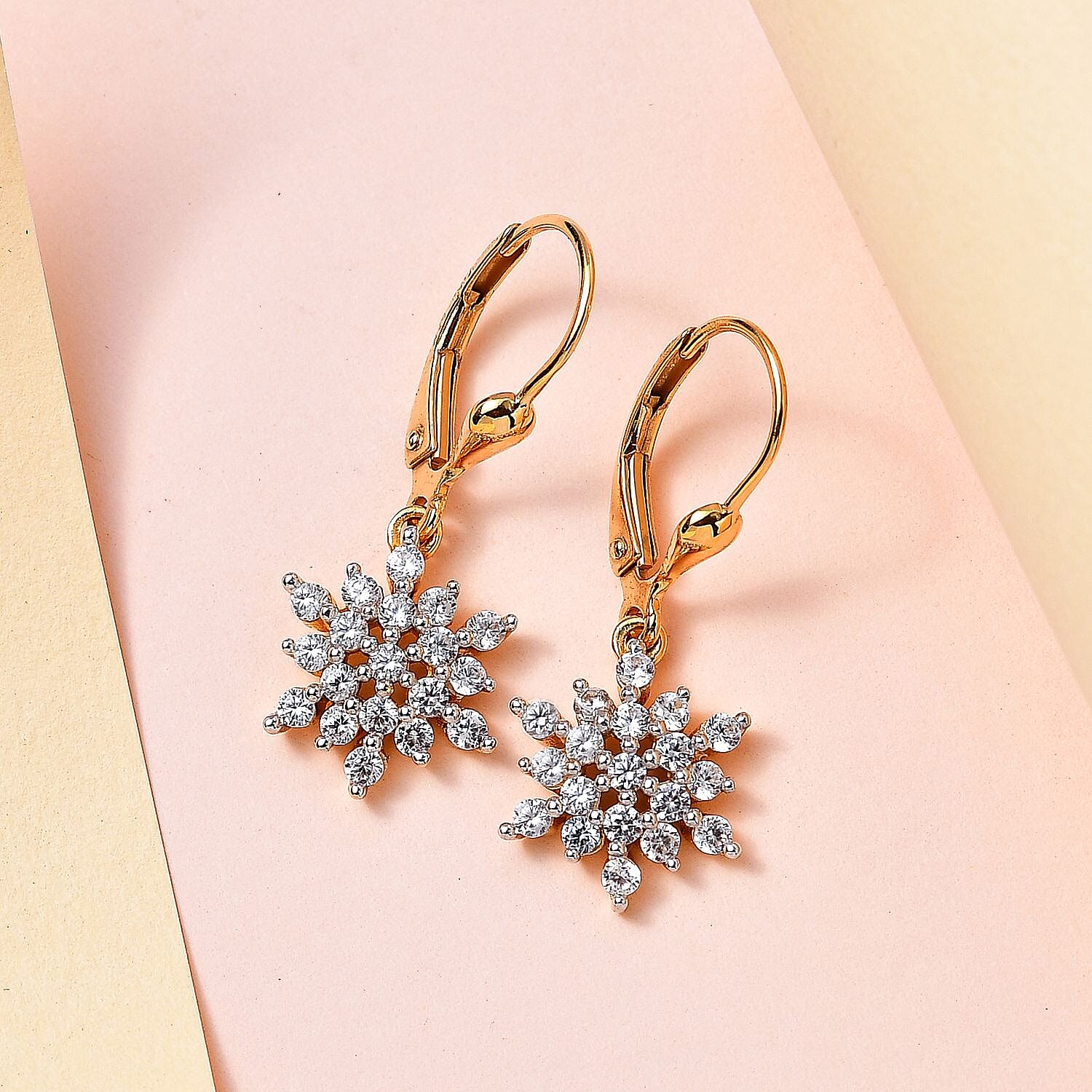 Natural Zircon Snowflake Earrings with Lever Back in 18K Vermeil Yellow Gold Plated Sterling Silver 1.33 Ct.