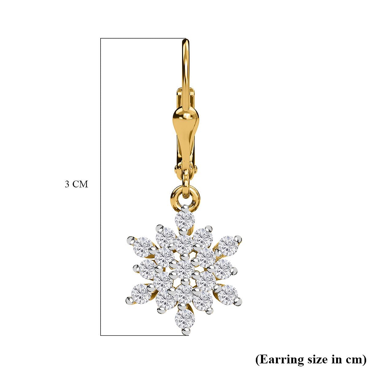 Natural Zircon Snowflake Earrings with Lever Back in 18K Vermeil Yellow Gold Plated Sterling Silver 1.33 Ct.