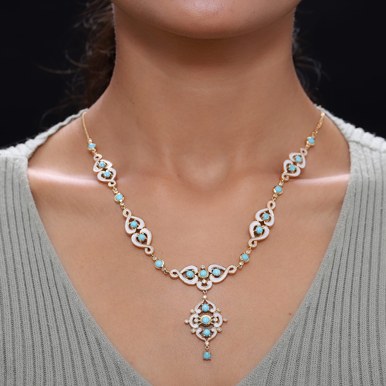 Arizona Sleeping Beauty Turquoise and Natural Cambodian Zircon Enamelled Necklace (Size - 18 with 2 inch Extender) in Yellow Gold Overlay Sterling Silver 9.82 Ct, Silver wt. 19.46 Gms