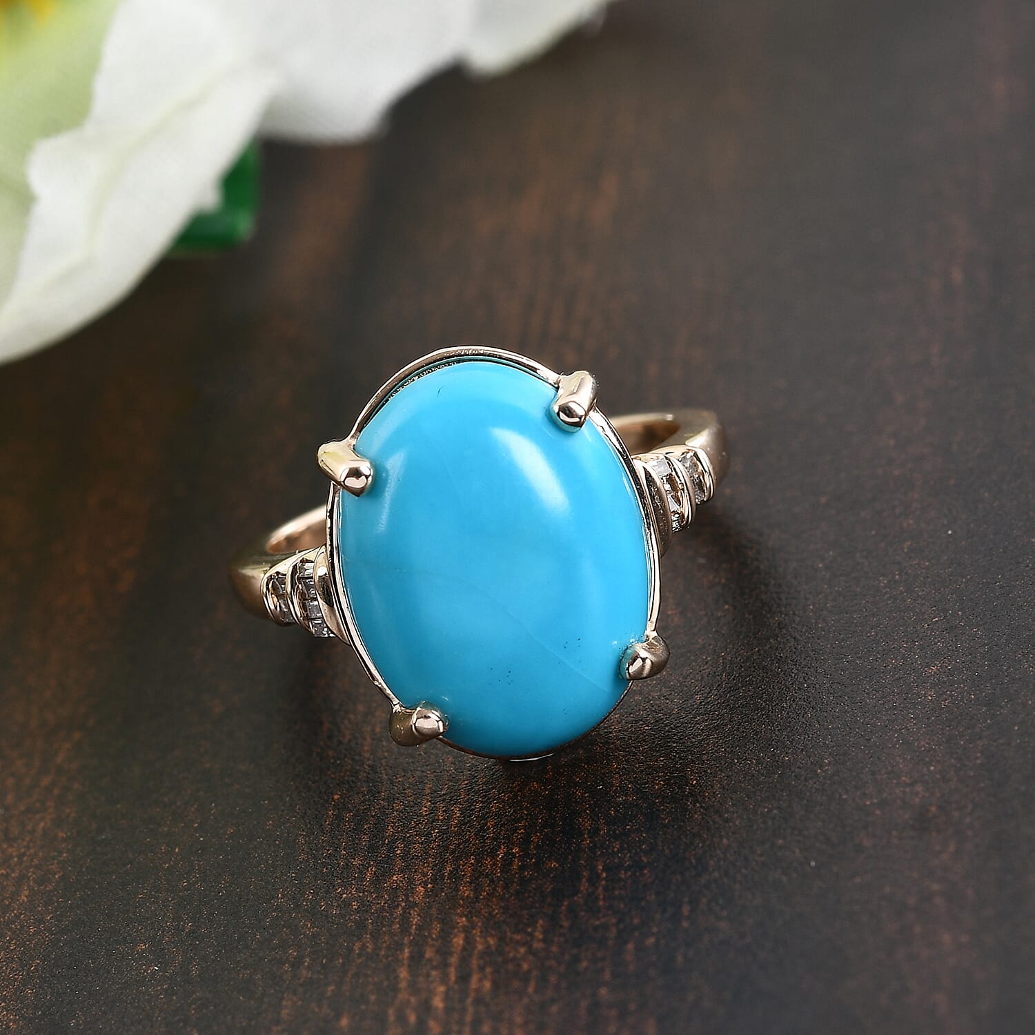 9K Yellow Gold AAA Arizona Sleeping Beauty Turquoise and Diamond Ring 6.81 Ct.