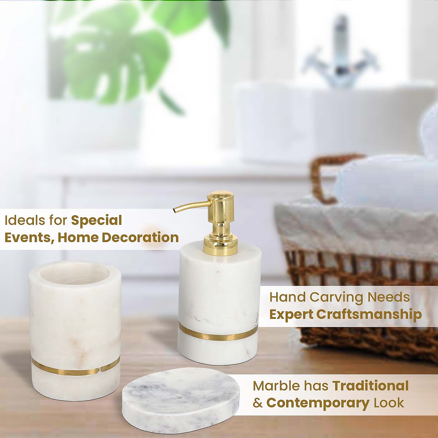 Set of 3 - Marble Bath Room (Brush Holder, Soap Dispenser and Soap Dish)