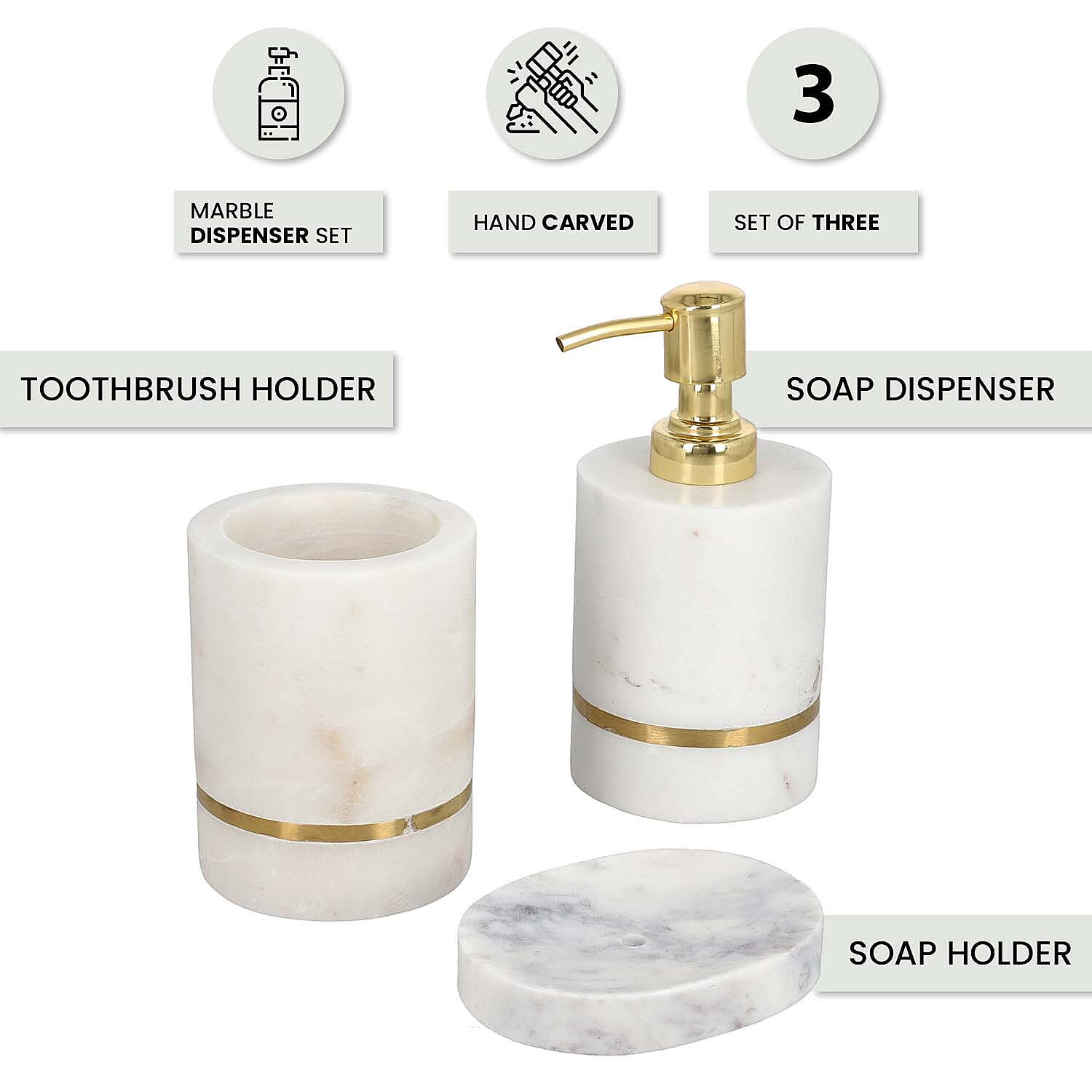 Set of 3 - Marble Bath Room (Brush Holder, Soap Dispenser and Soap Dish)