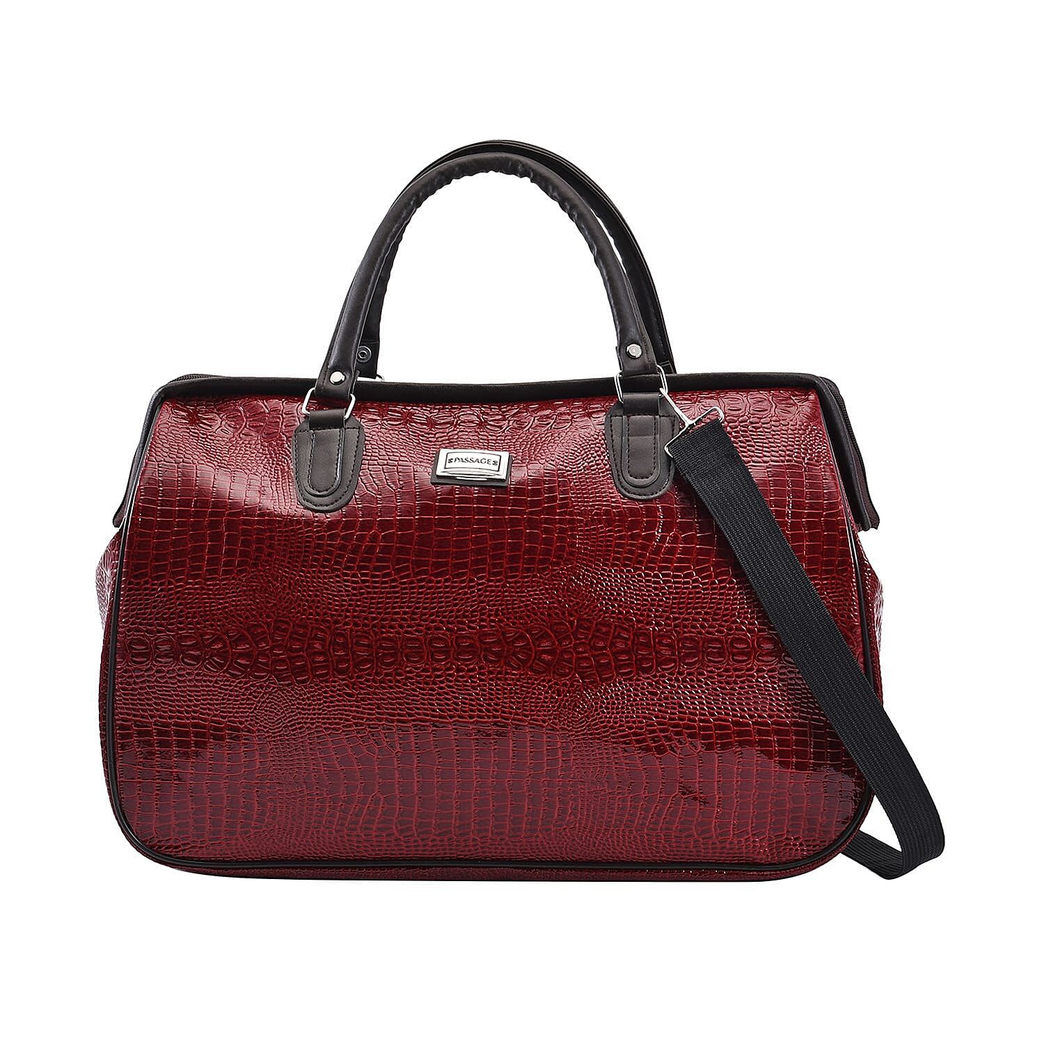 PASSAGE Crocodile Pattern Travel Bag with Handle Drop and Shoulder Strap - Burgundy