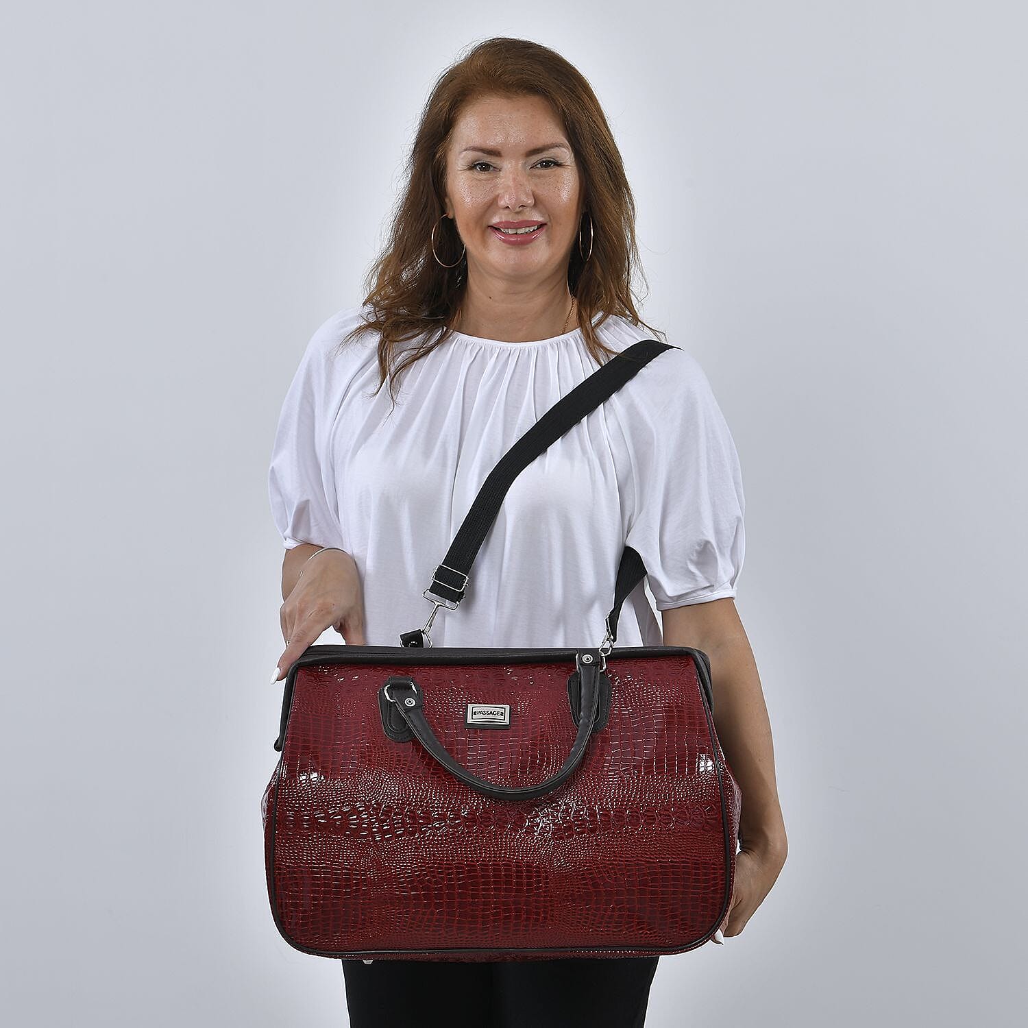 PASSAGE Crocodile Pattern Travel Bag with Handle Drop and Shoulder Strap - Burgundy