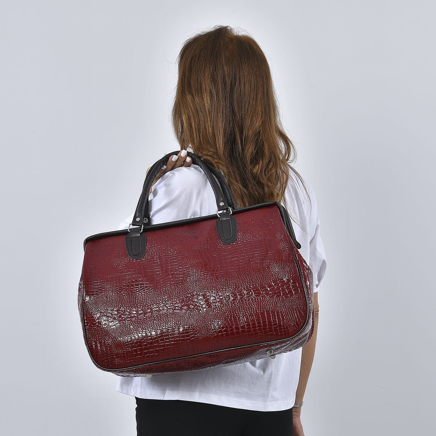 PASSAGE Crocodile Pattern Travel Bag with Handle Drop and Shoulder Strap - Burgundy