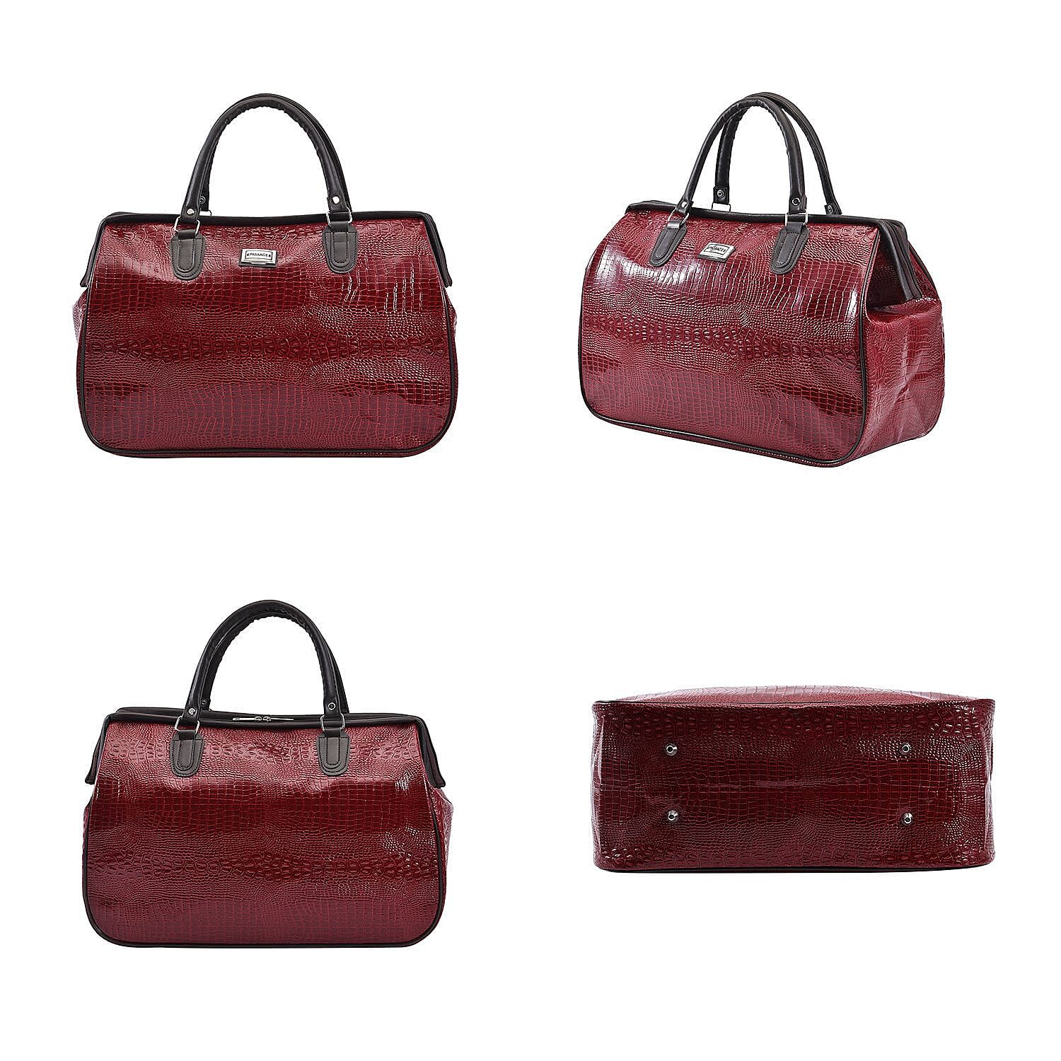 PASSAGE Crocodile Pattern Travel Bag with Handle Drop and Shoulder Strap - Burgundy