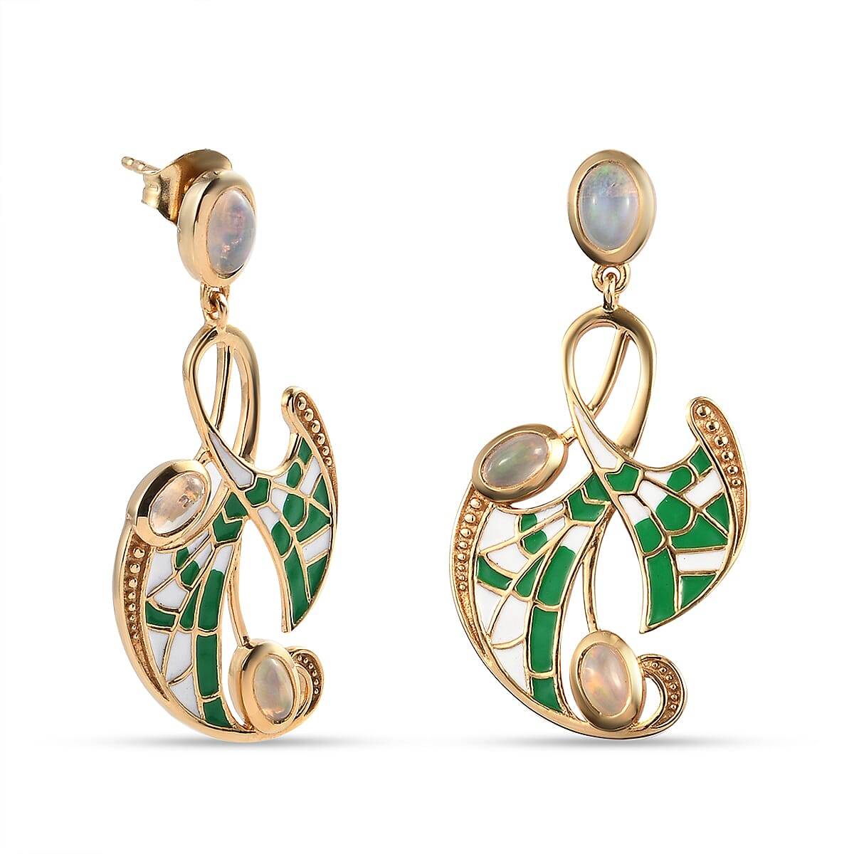 Ethiopian Welo Opal Enamelled Earrings (with Push Back) in Yellow Gold Overlay Sterling Silver 1.21 Ct, Silver Wt. 7.00 Gms