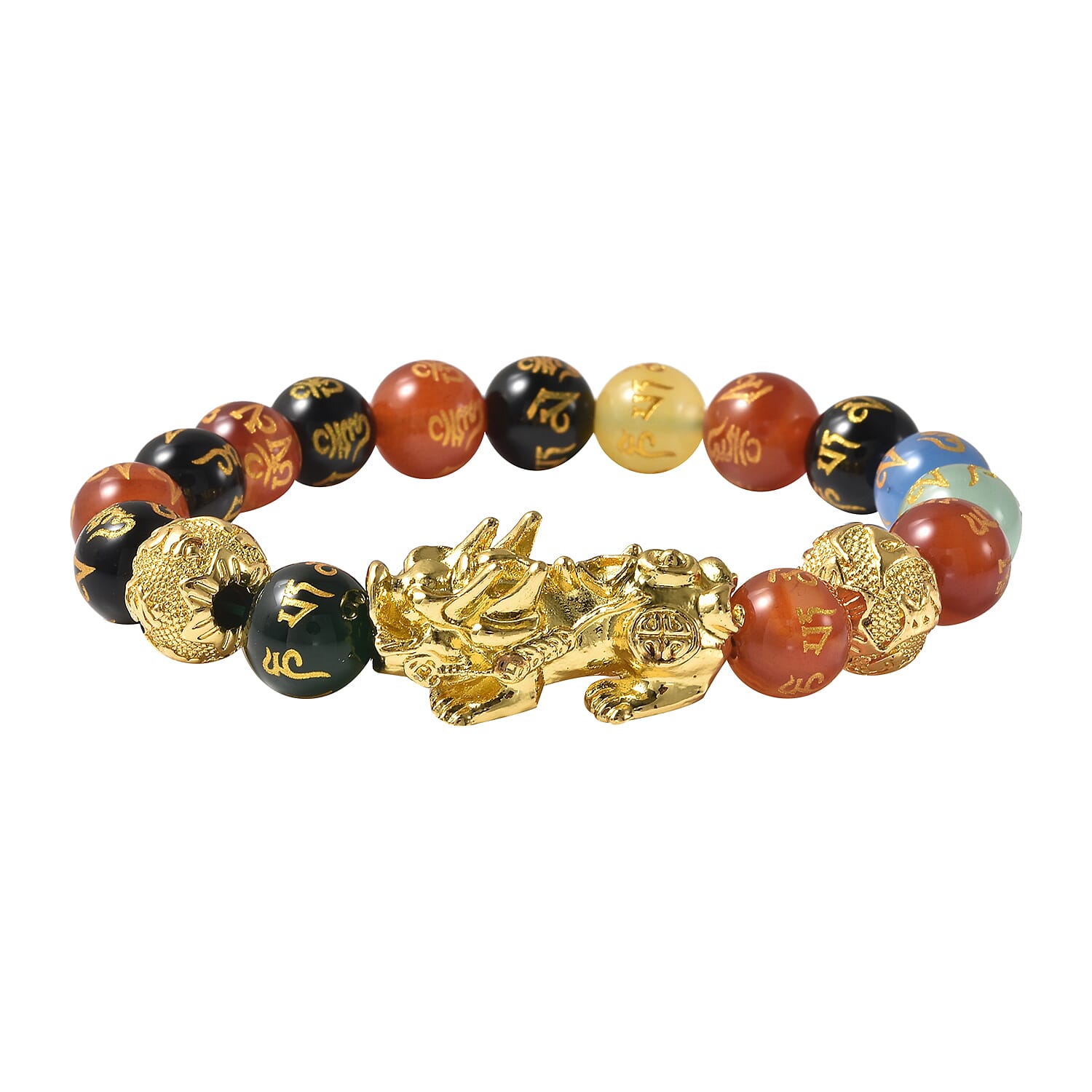 Black Obsidian and Multi Agate Stretchable Bracelet (Size-6.5 - 7) in Yellow Tone