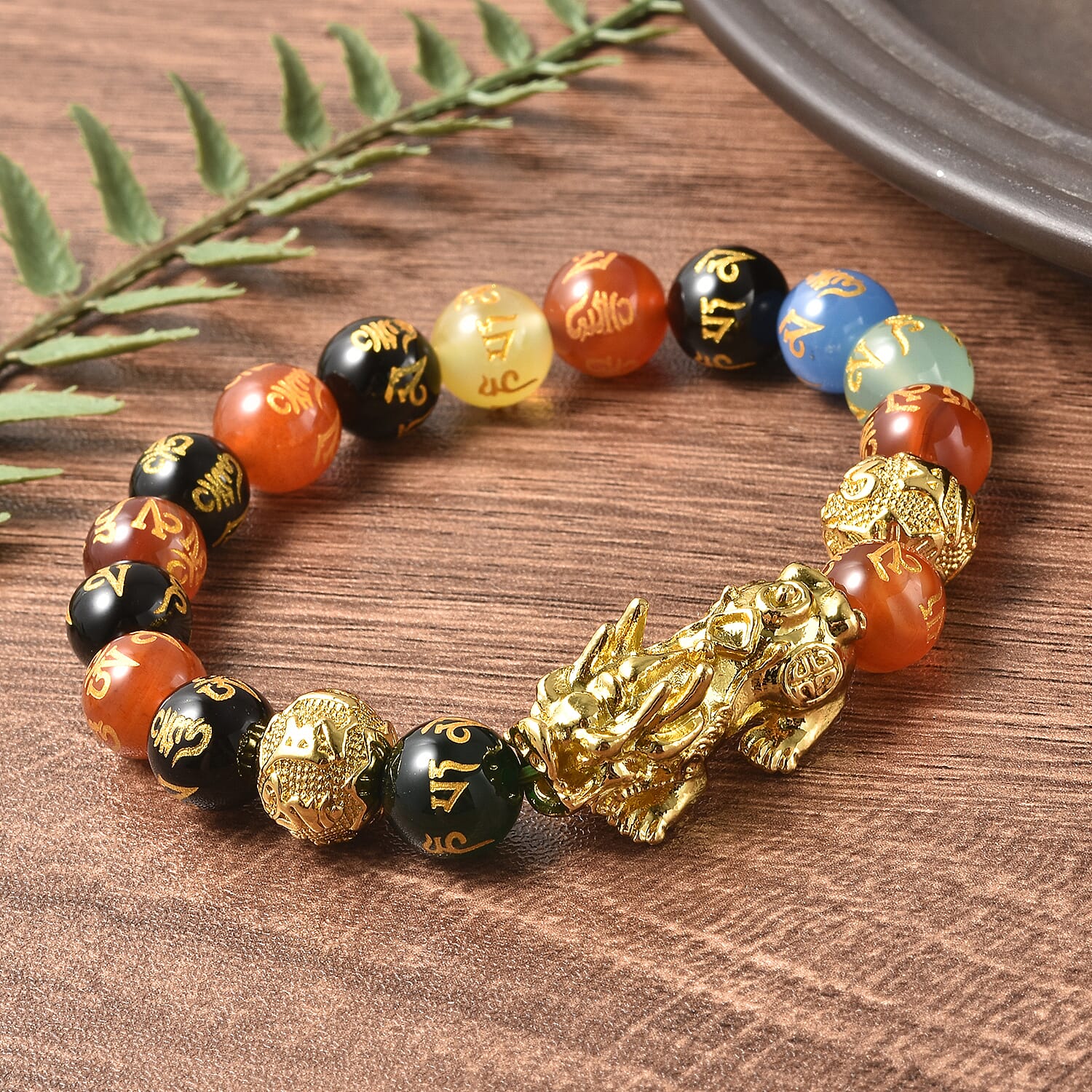 Black Obsidian and Multi Agate Stretchable Bracelet (Size-6.5 - 7) in Yellow Tone