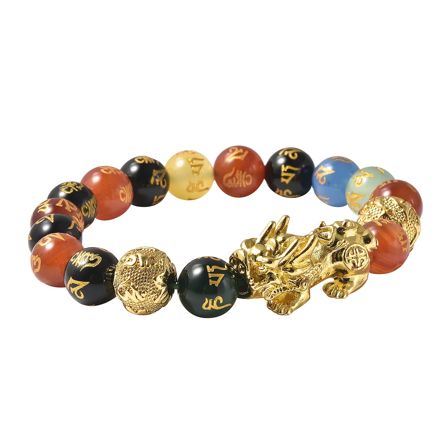 Black Obsidian and Multi Agate Stretchable Bracelet (Size-6.5 - 7) in Yellow Tone