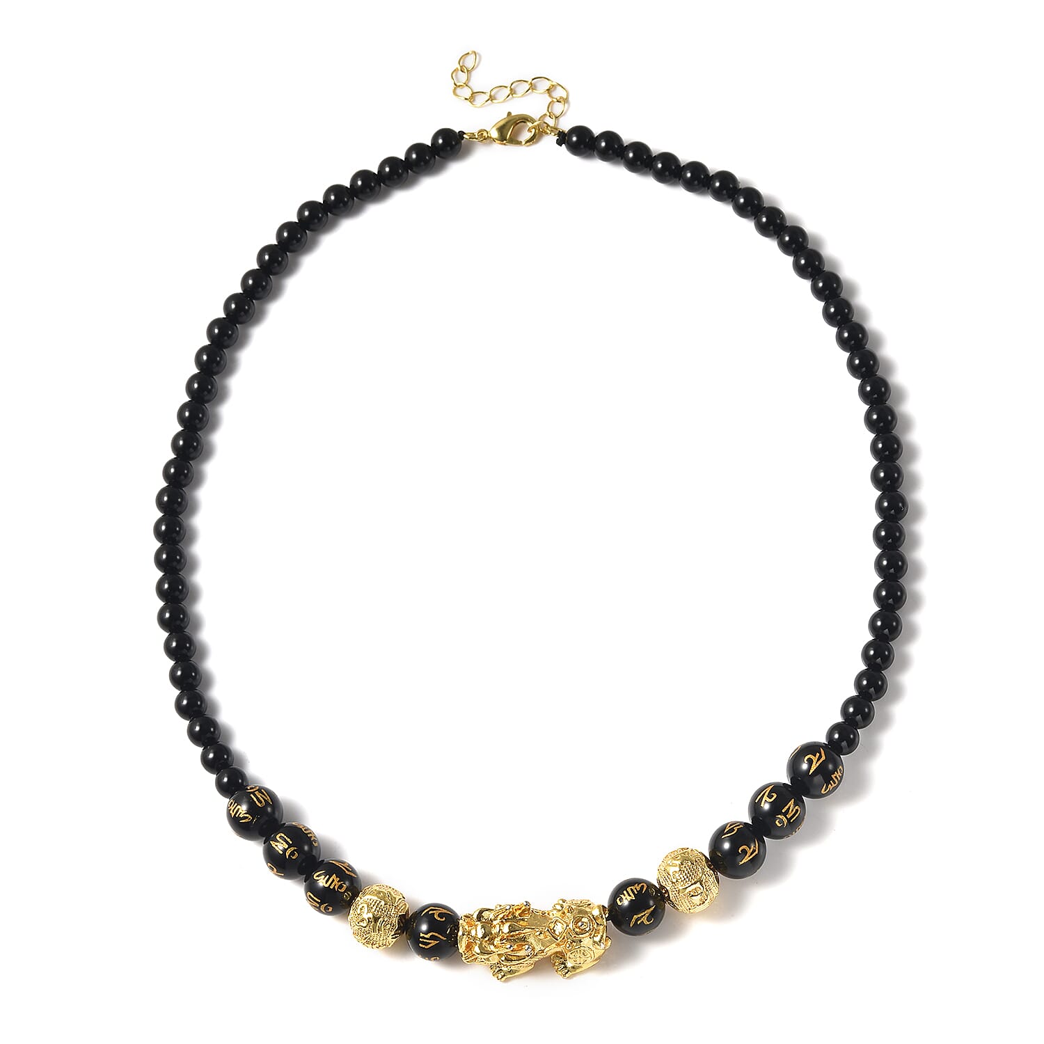 Black Obsidian Necklace (Size 18 with 2 inch Extender) in Yellow Tone