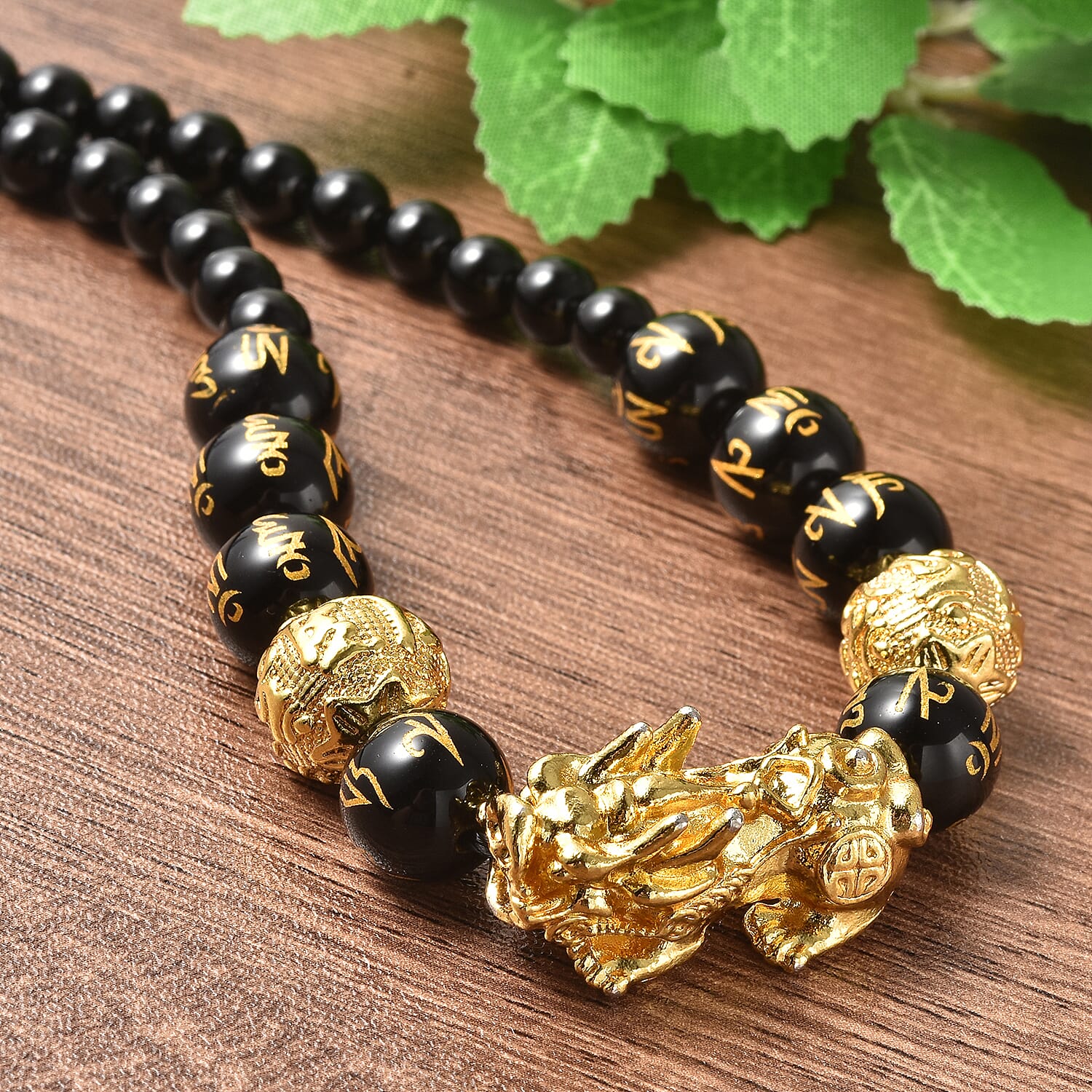 Black Obsidian Necklace (Size 18 with 2 inch Extender) in Yellow Tone