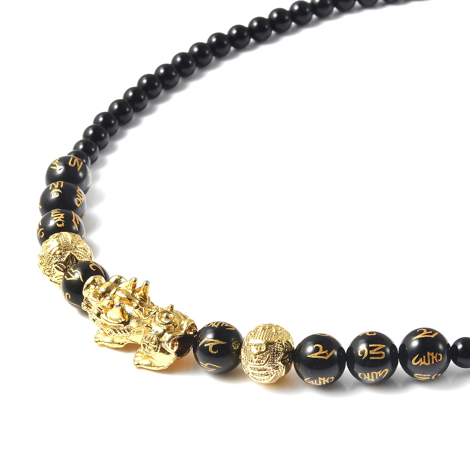 Black Obsidian Necklace (Size 18 with 2 inch Extender) in Yellow Tone