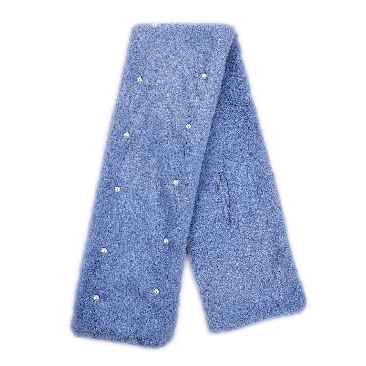 Faux Fur Scarf with Beads (Size 175x65 Cm) - Blue