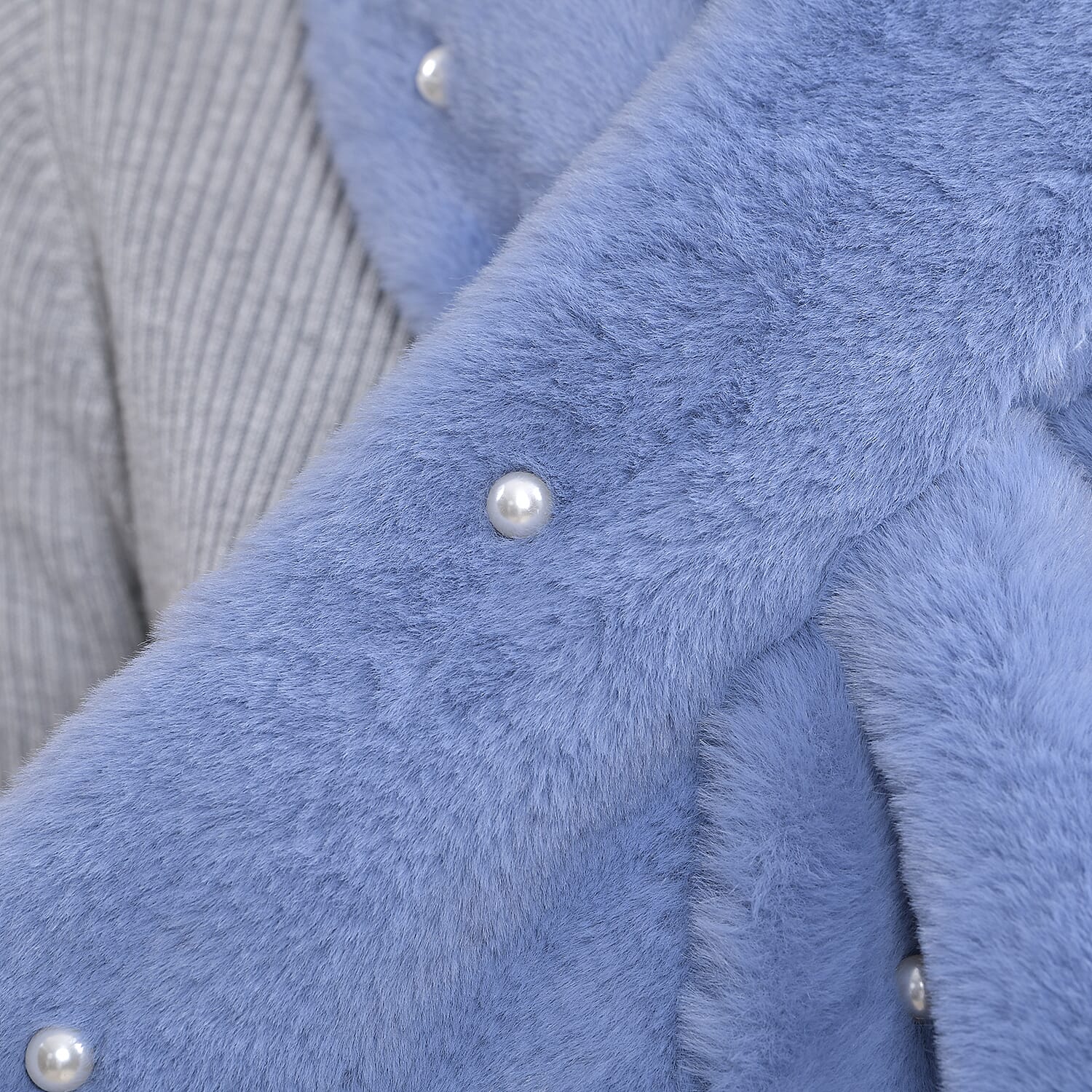 Faux Fur Scarf with Beads (Size 175x65 Cm) - Blue