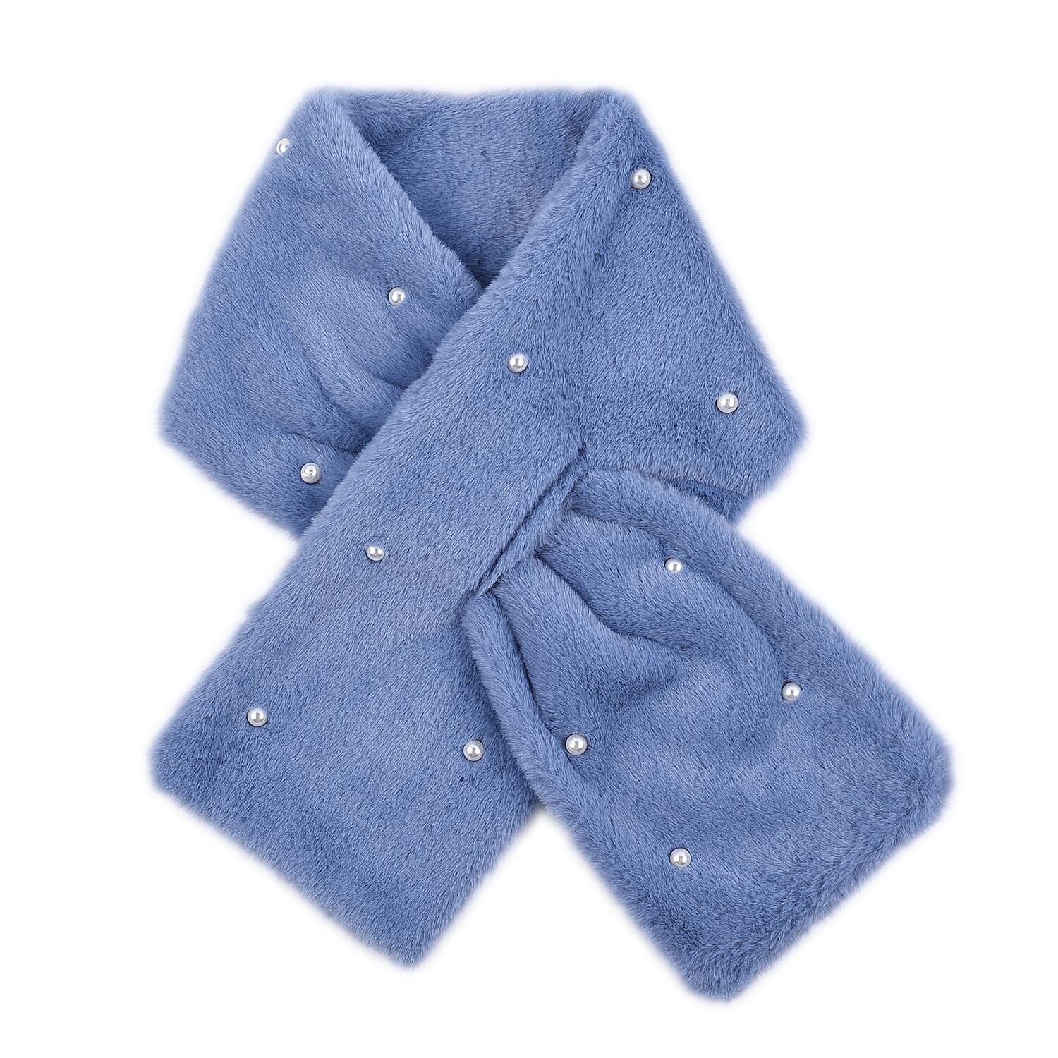 Faux Fur Scarf with Beads (Size 175x65 Cm) - Blue