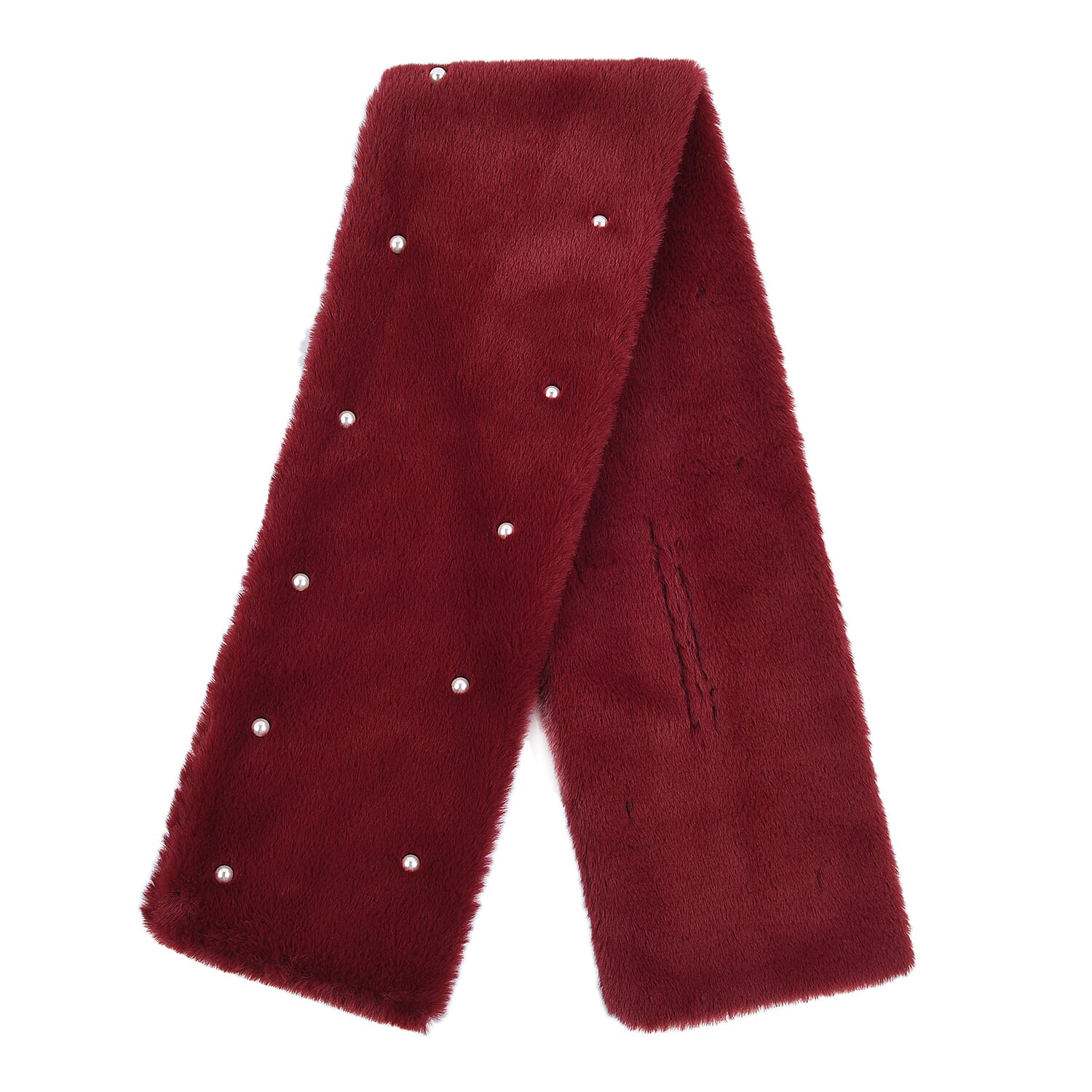 Faux Fur Scarf with Beads (Size 175x65 Cm) - Burgundy