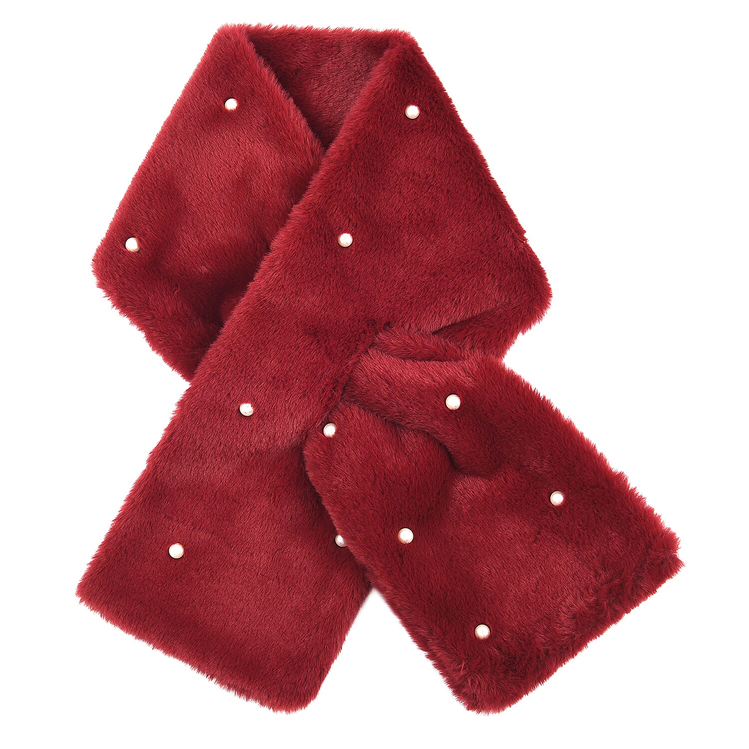 Faux Fur Scarf with Beads (Size 175x65 Cm) - Burgundy