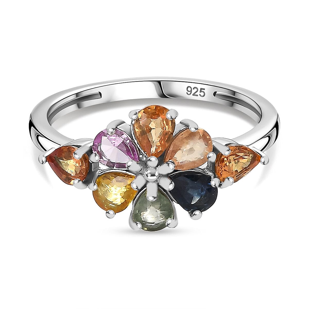Multi Sapphire Cluster Ring in rhodium Sterling Silver