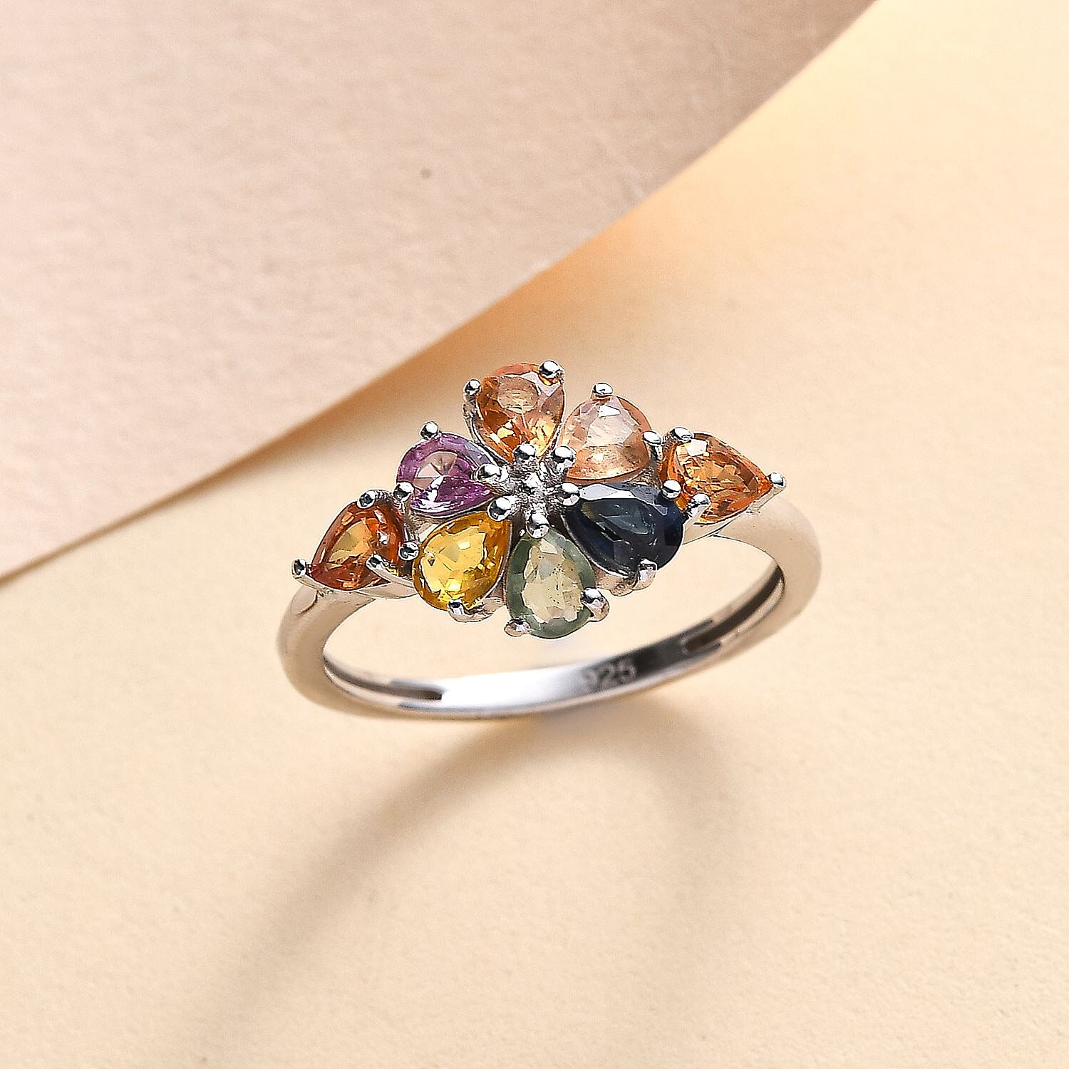 Multi Sapphire Cluster Ring in rhodium Sterling Silver
