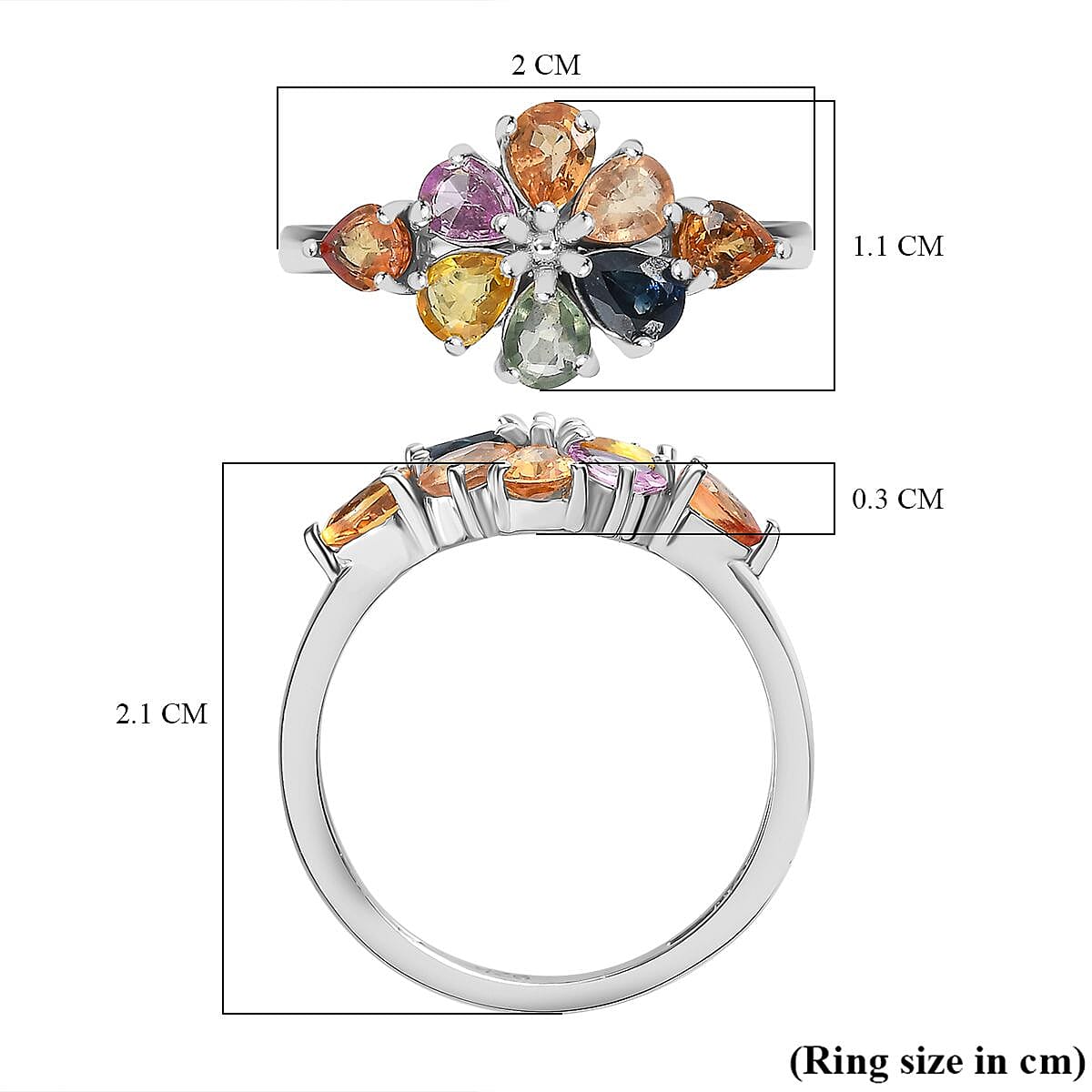 Multi Sapphire Cluster Ring in rhodium Sterling Silver