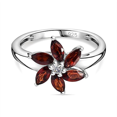 Red Garnet, White Zircon Floral Ring in Sterling Silver