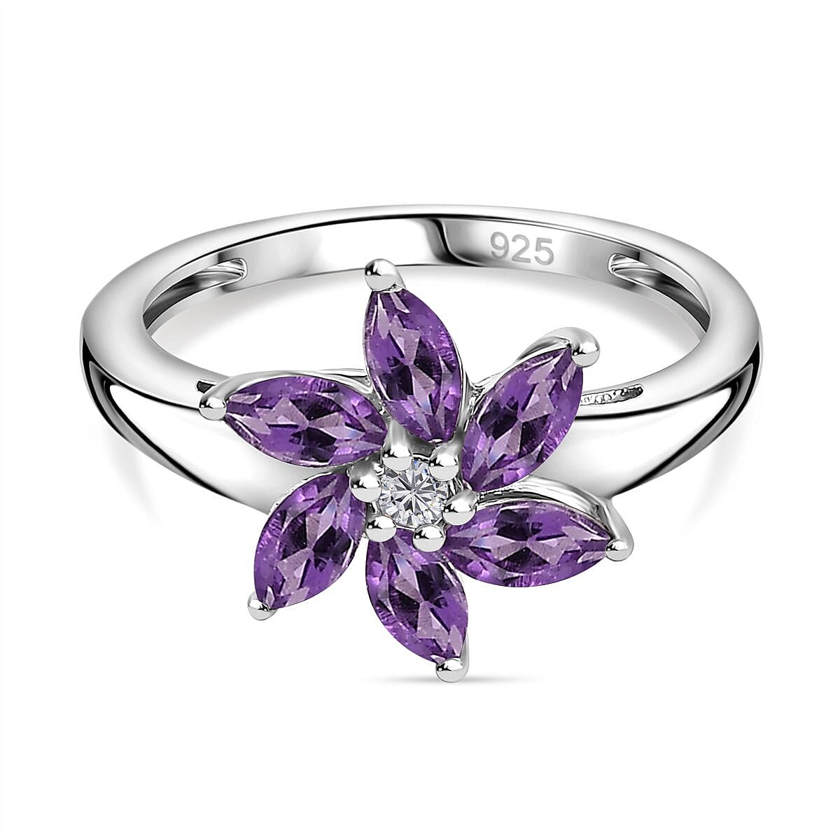 Bolivian Amethyst, White Zircon Floral Ring in Sterling Silver