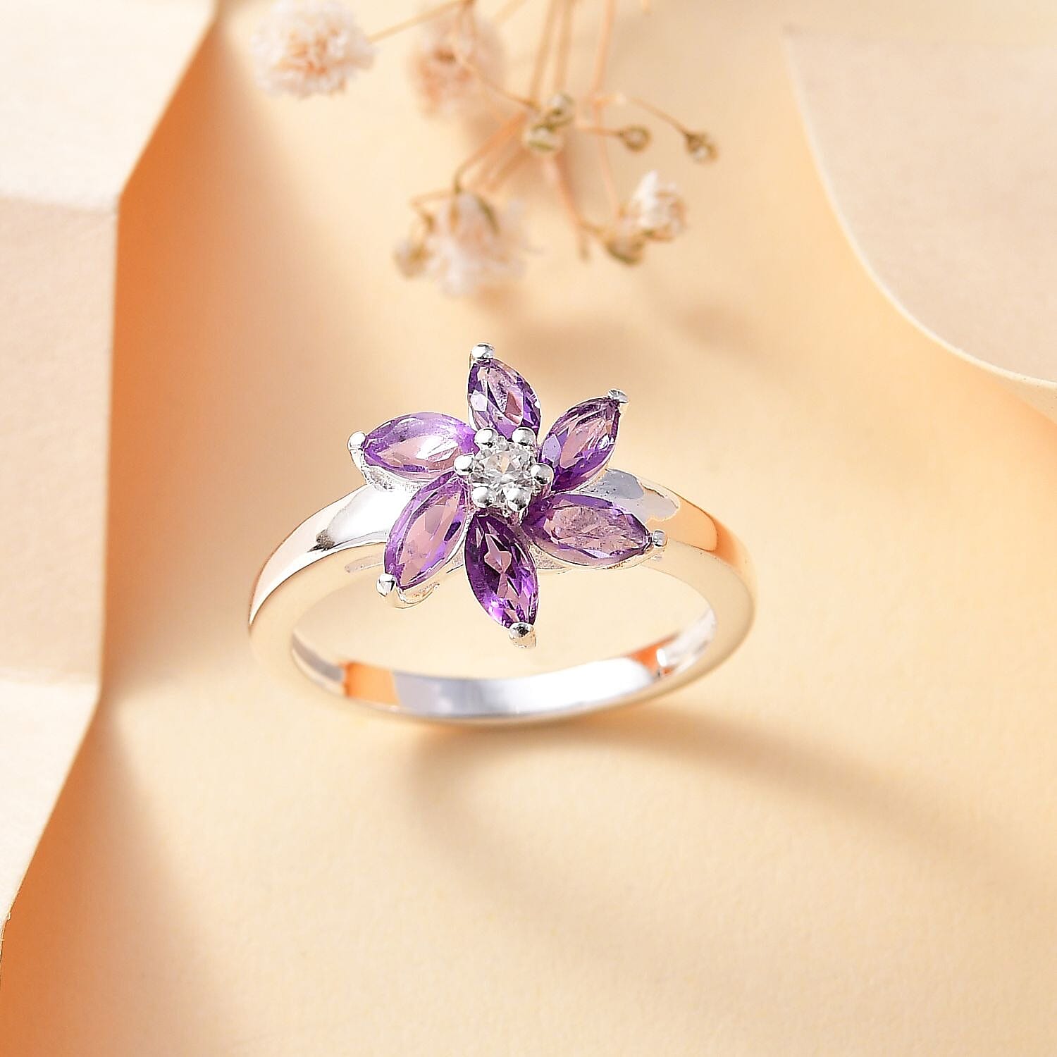 Bolivian Amethyst, White Zircon Floral Ring in Sterling Silver