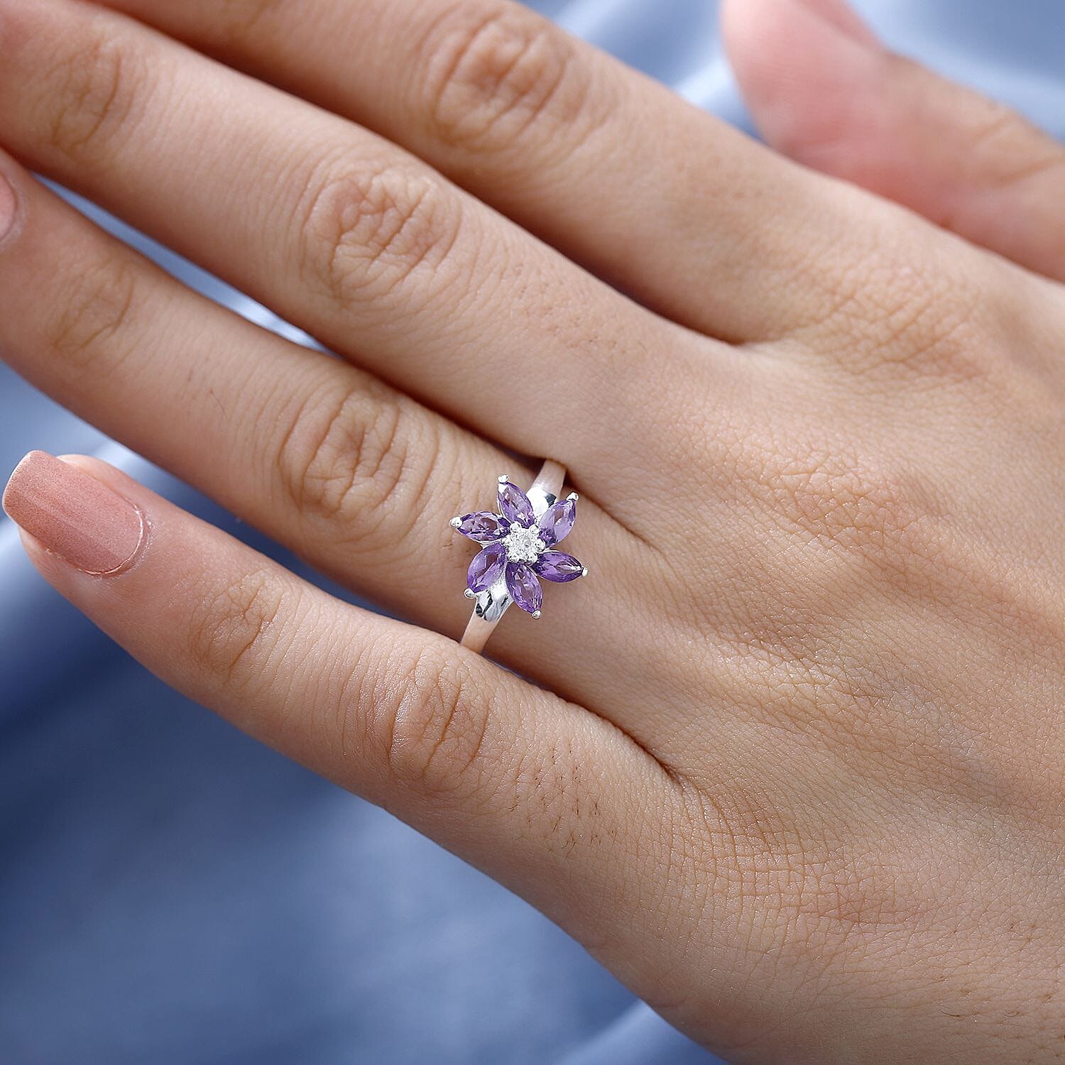 Bolivian Amethyst, White Zircon Floral Ring in Sterling Silver