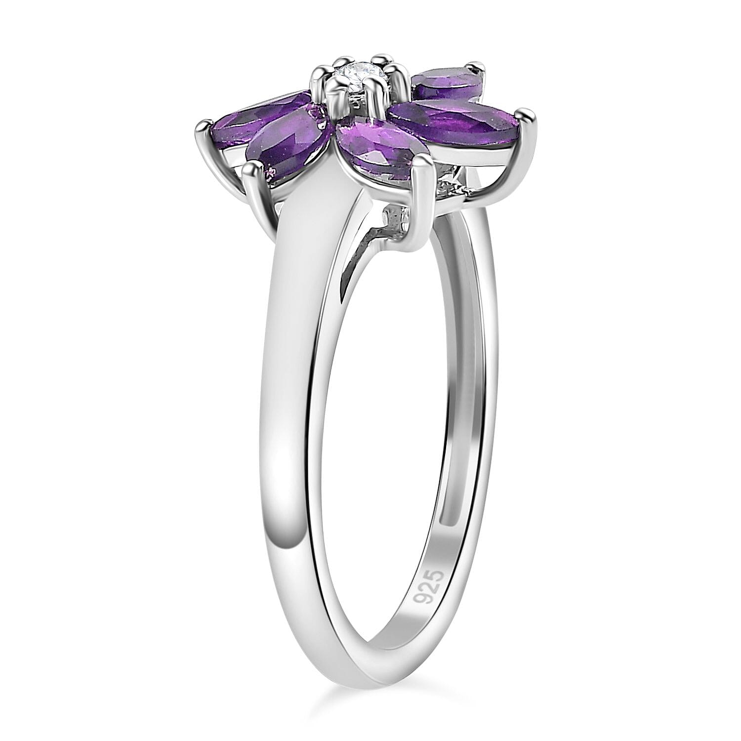 Bolivian Amethyst, White Zircon Floral Ring in Sterling Silver