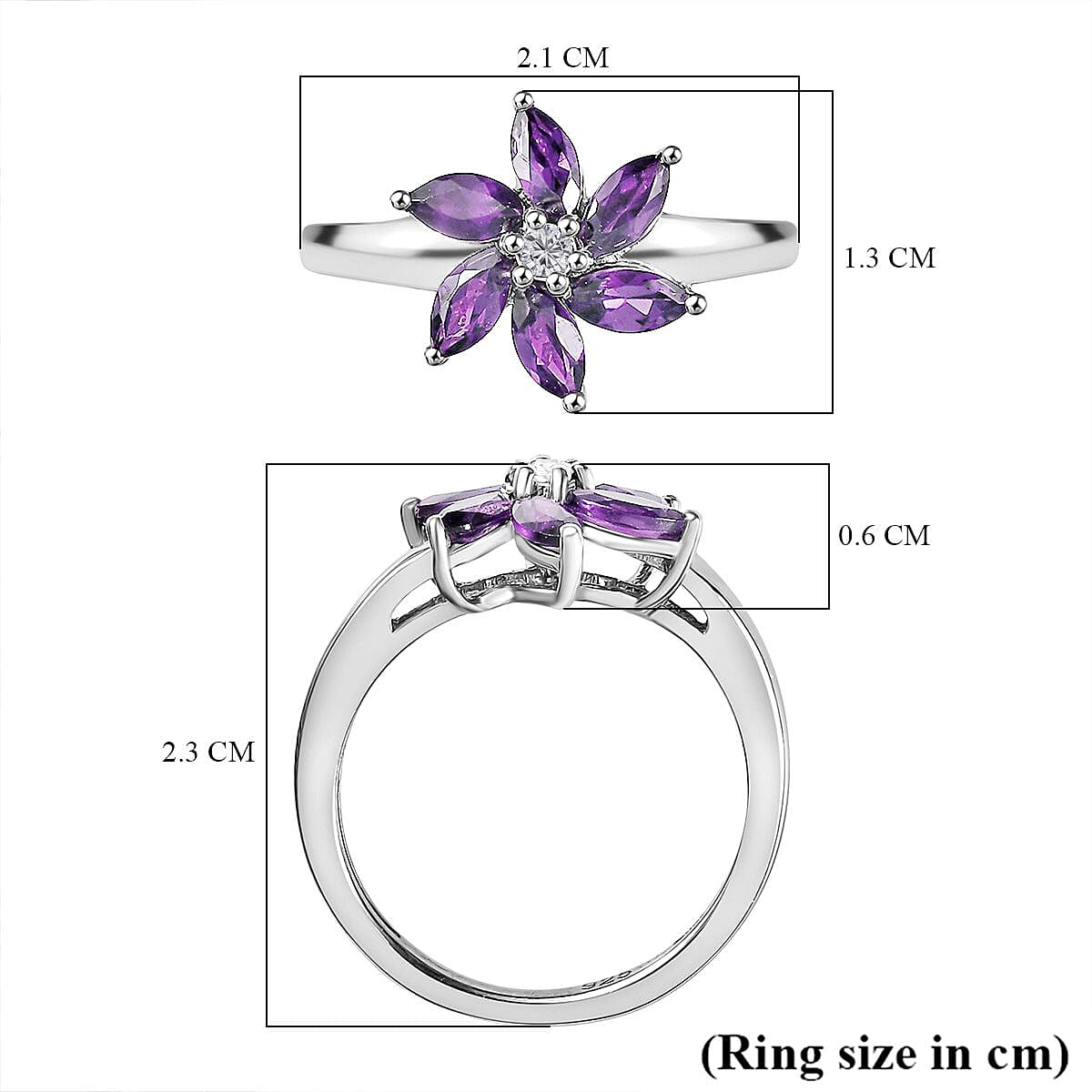 Bolivian Amethyst, White Zircon Floral Ring in Sterling Silver